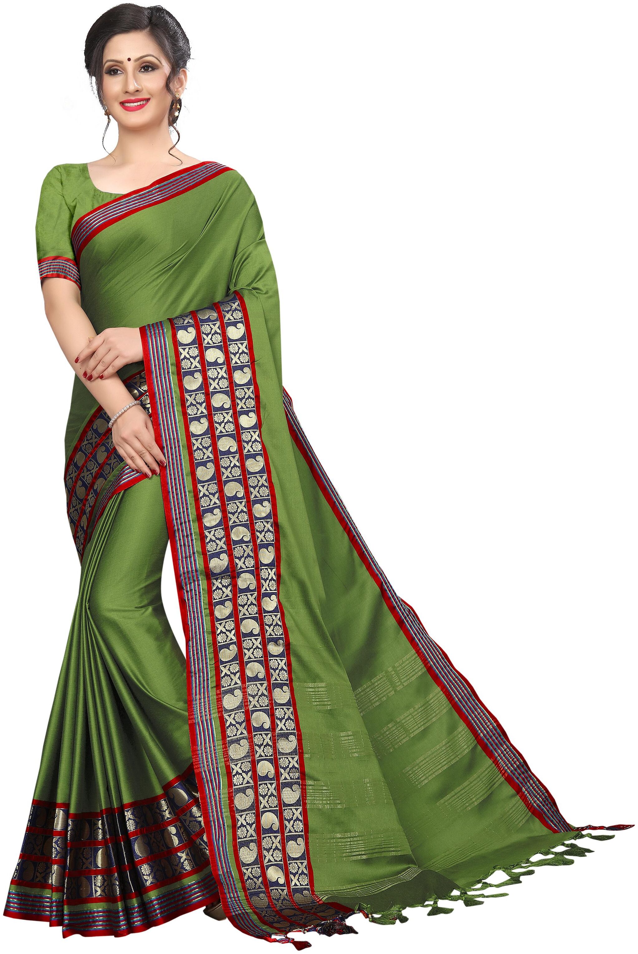 

Indian Beauty Womens Green Color Cotton Silk Blend Zari Border Saree With Blouse pcs(MAHI-GREEN Free Size)