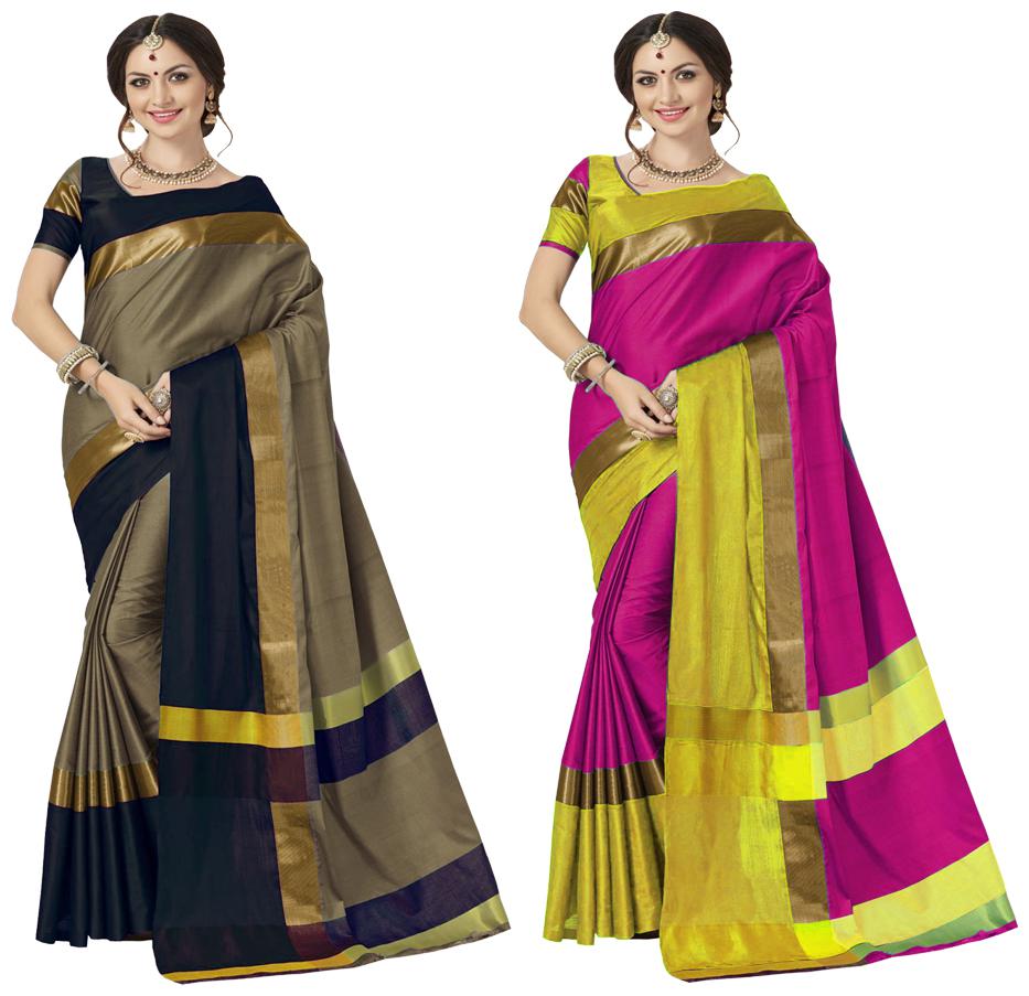 

Indian Beauty Women s Multicolor Cotton Silk Plain Saree With Blouse