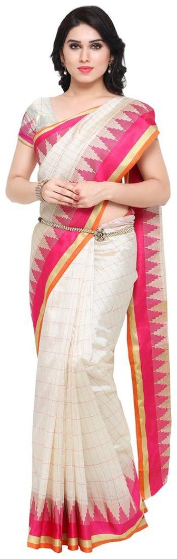 

Indian Beauty White Checkered Tussar Designer Saree With blouse