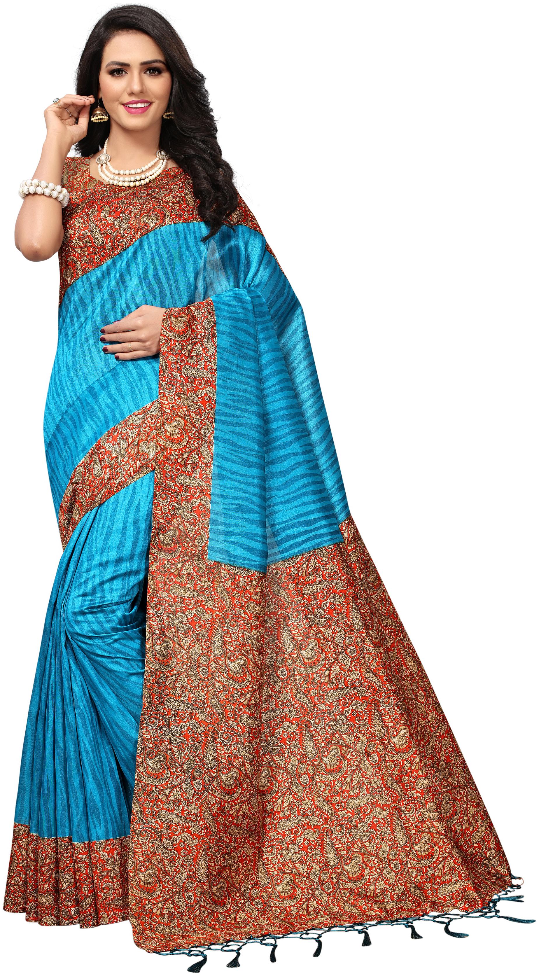 

Indian Beauty Women s Sky-Blue Color Mysore Silk With Tessals Printed Saree With Blouse