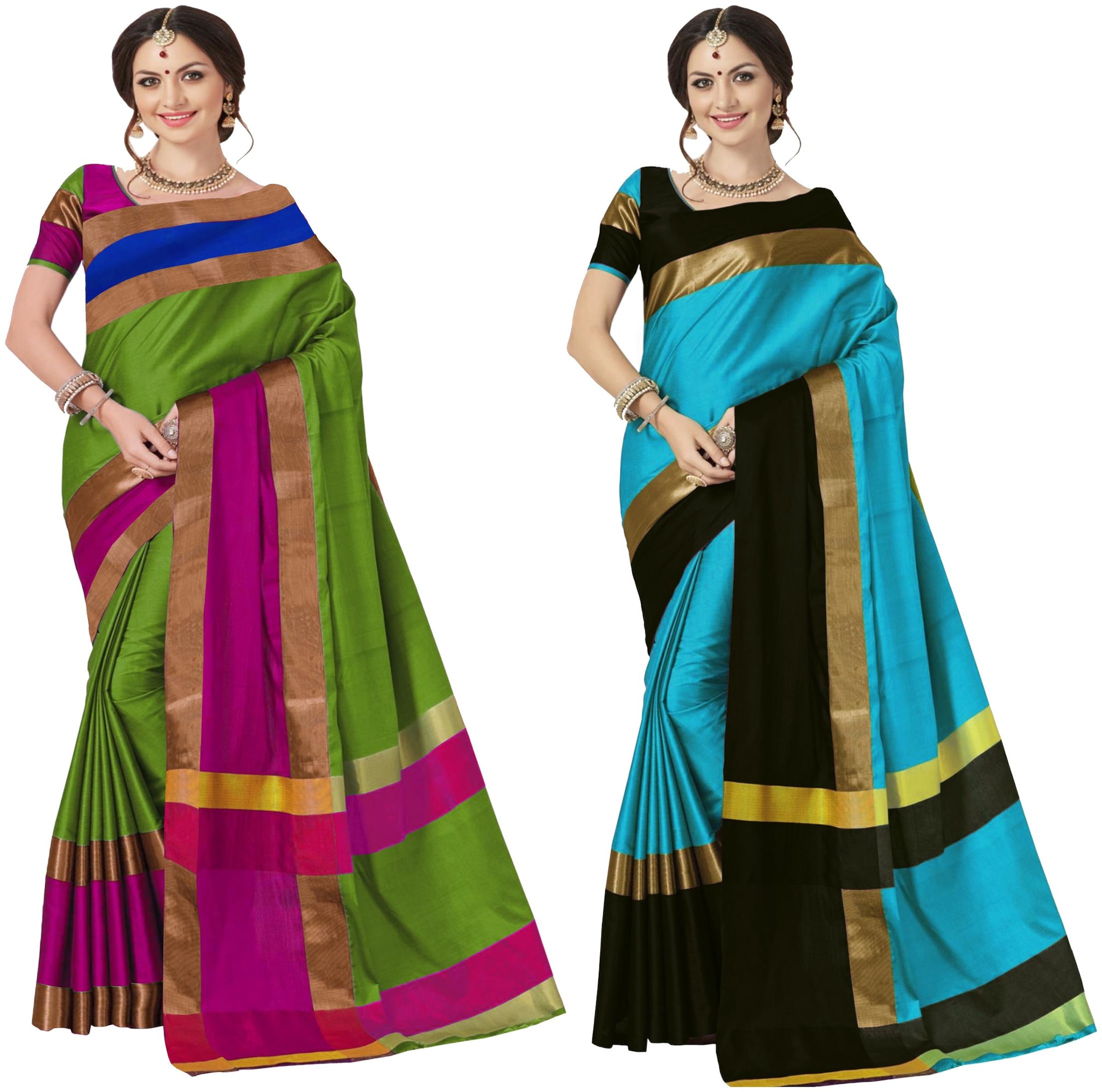 

Indian Beauty Women s Multicolor Cotton Silk Plain Saree With Blouse