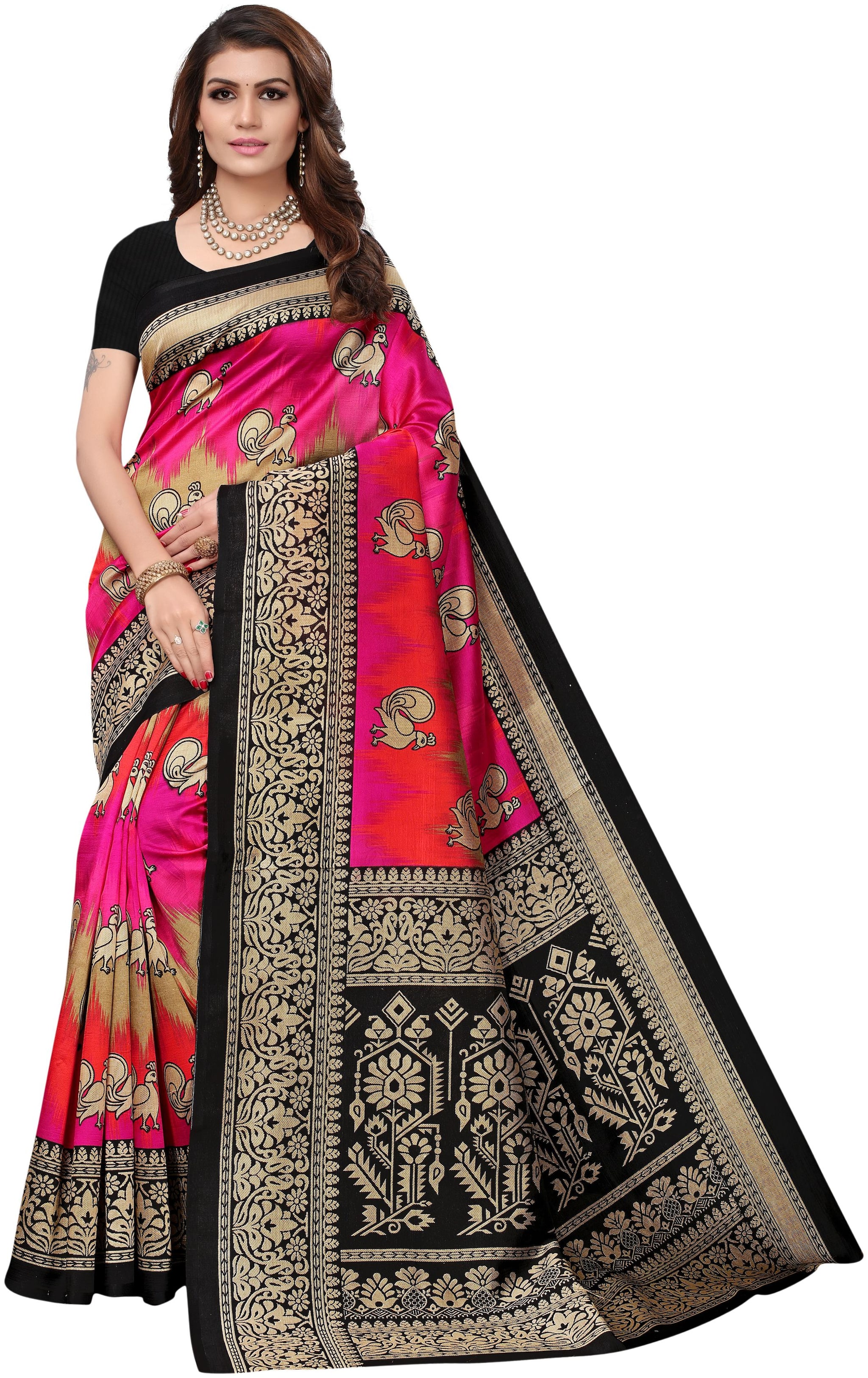 

Indian Beauty Women Multi Color Mysore Art Silk Printed Saree With Blouse Piece
