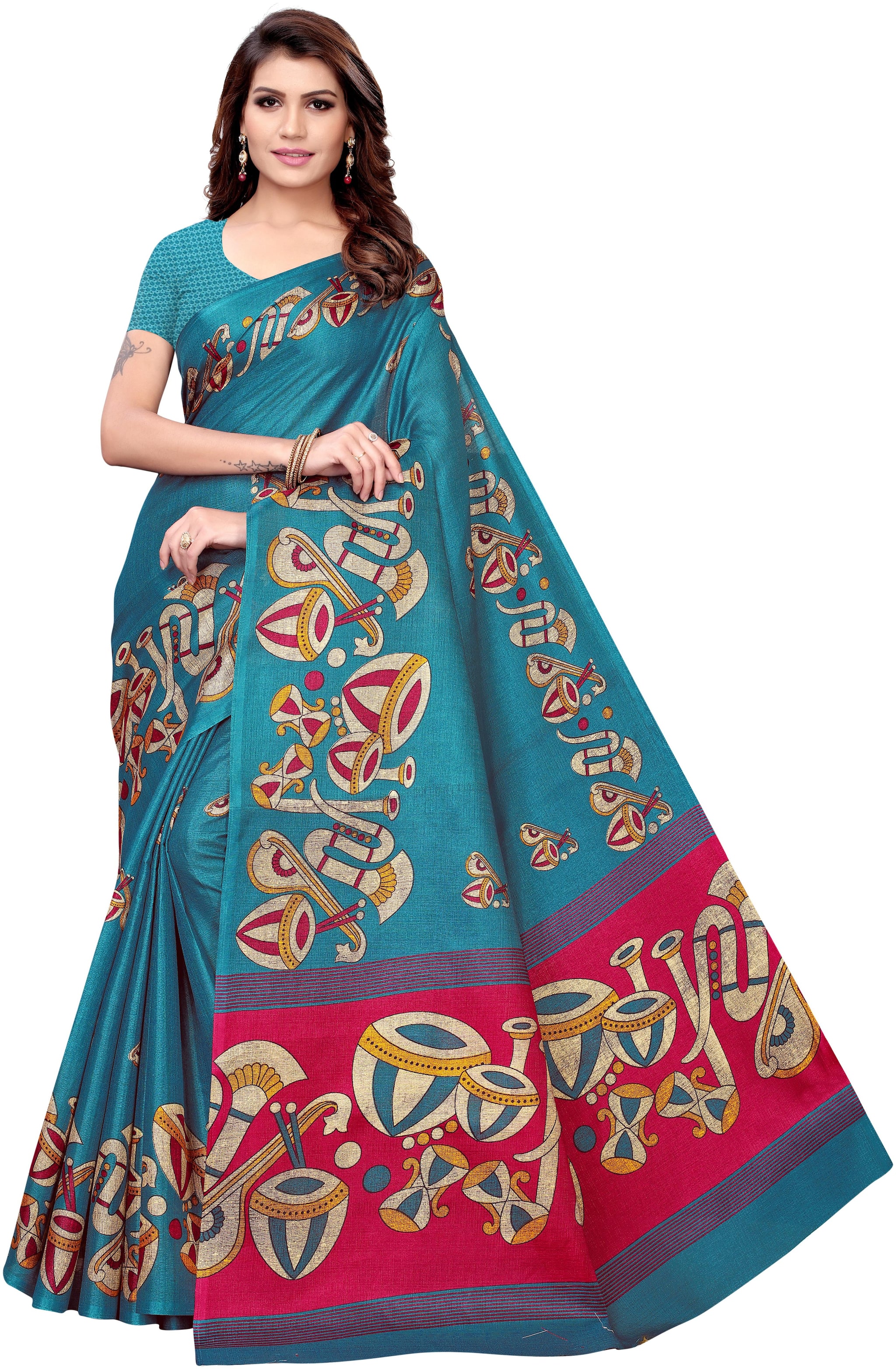 

Indian Beauty Women Rama Color Kalamkari Silk Printed Saree With Blouse Piece