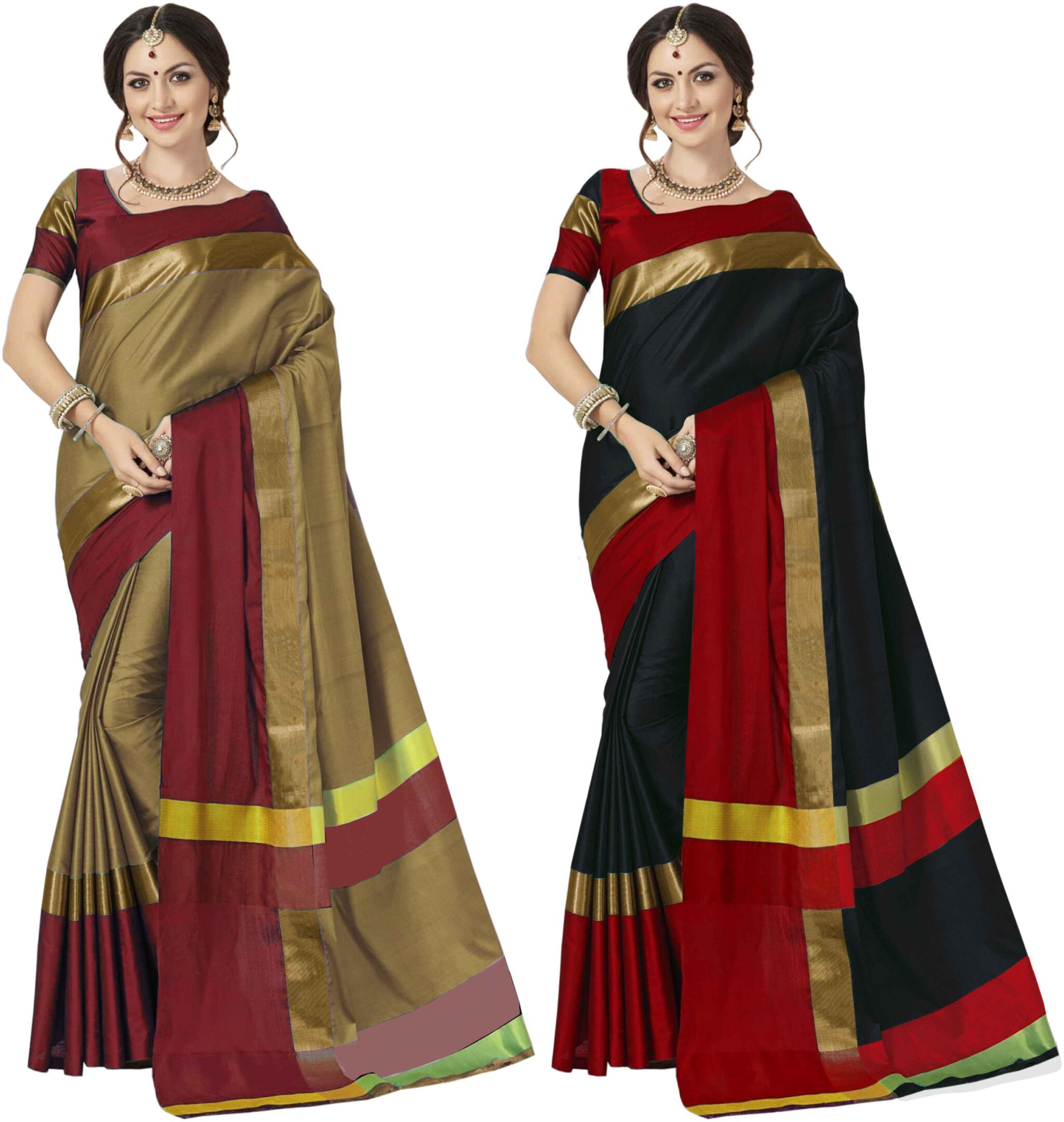 

Indian Beauty Women s Multicolor Cotton Silk Plain Saree With Blouse