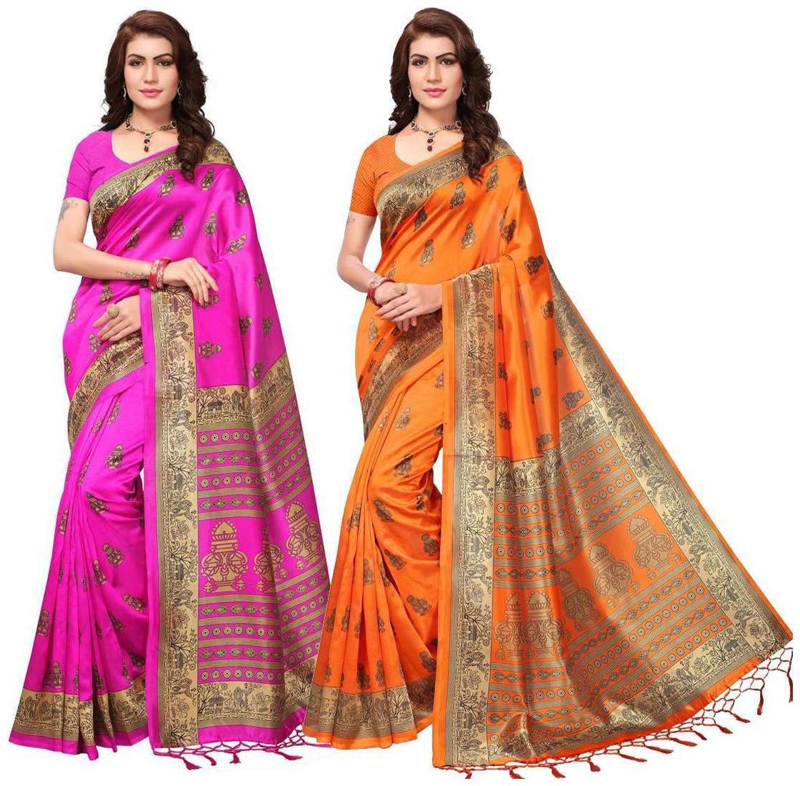 

Indian Beauty Women s Multi Color Mysore Silk With Jhalar Saree With Blouse Piece (Pack Of 2) Sarees