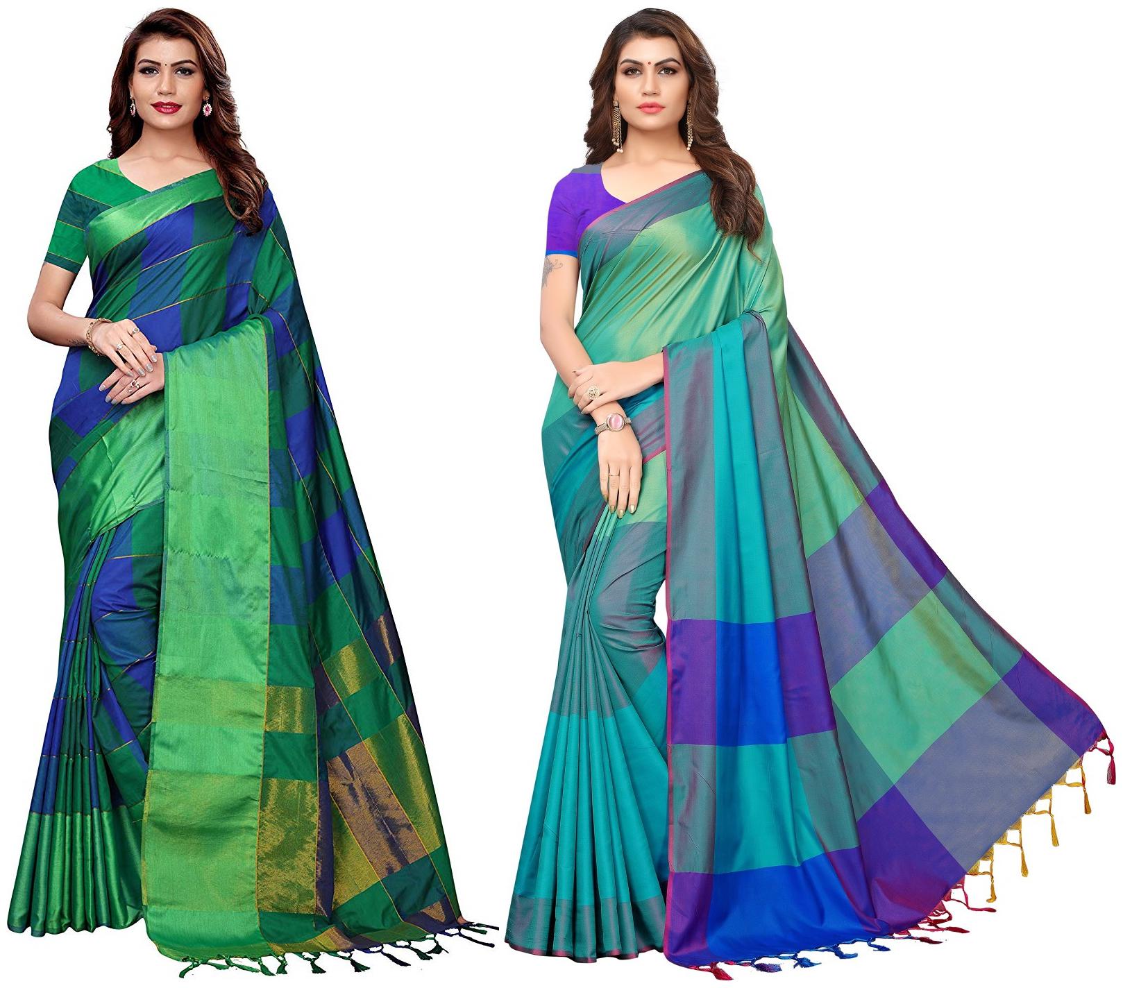 

Indian Beauty Womens Multi Color Cotton Silk Blend Plain Pack Of 2 Sarees With Blouse Piece