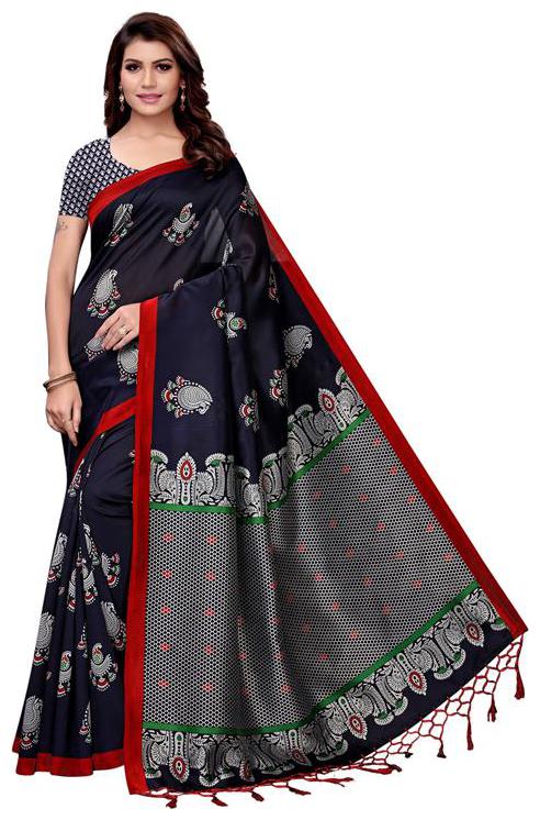 

Indian Beauty Women Blue Color Mysore Silk Printed Saree Border Tassels With Blouse Piece