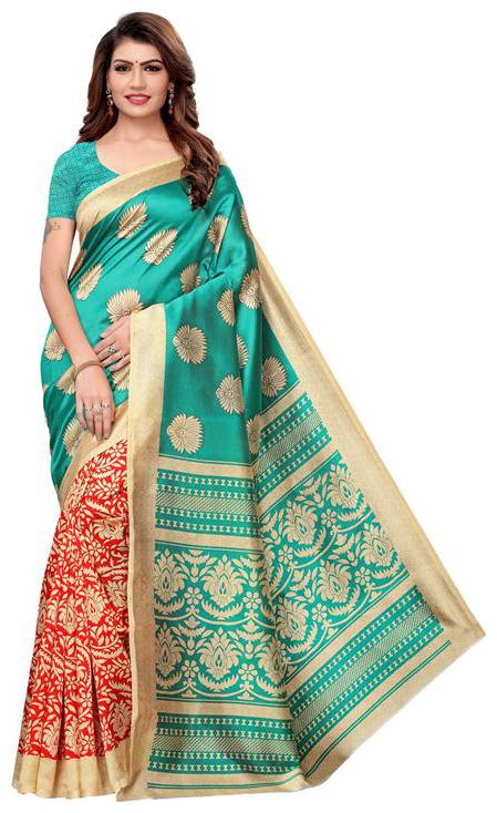 

Indian Beauty Women Multi Color Mysore Silk Printed Saree With Blouse Piece