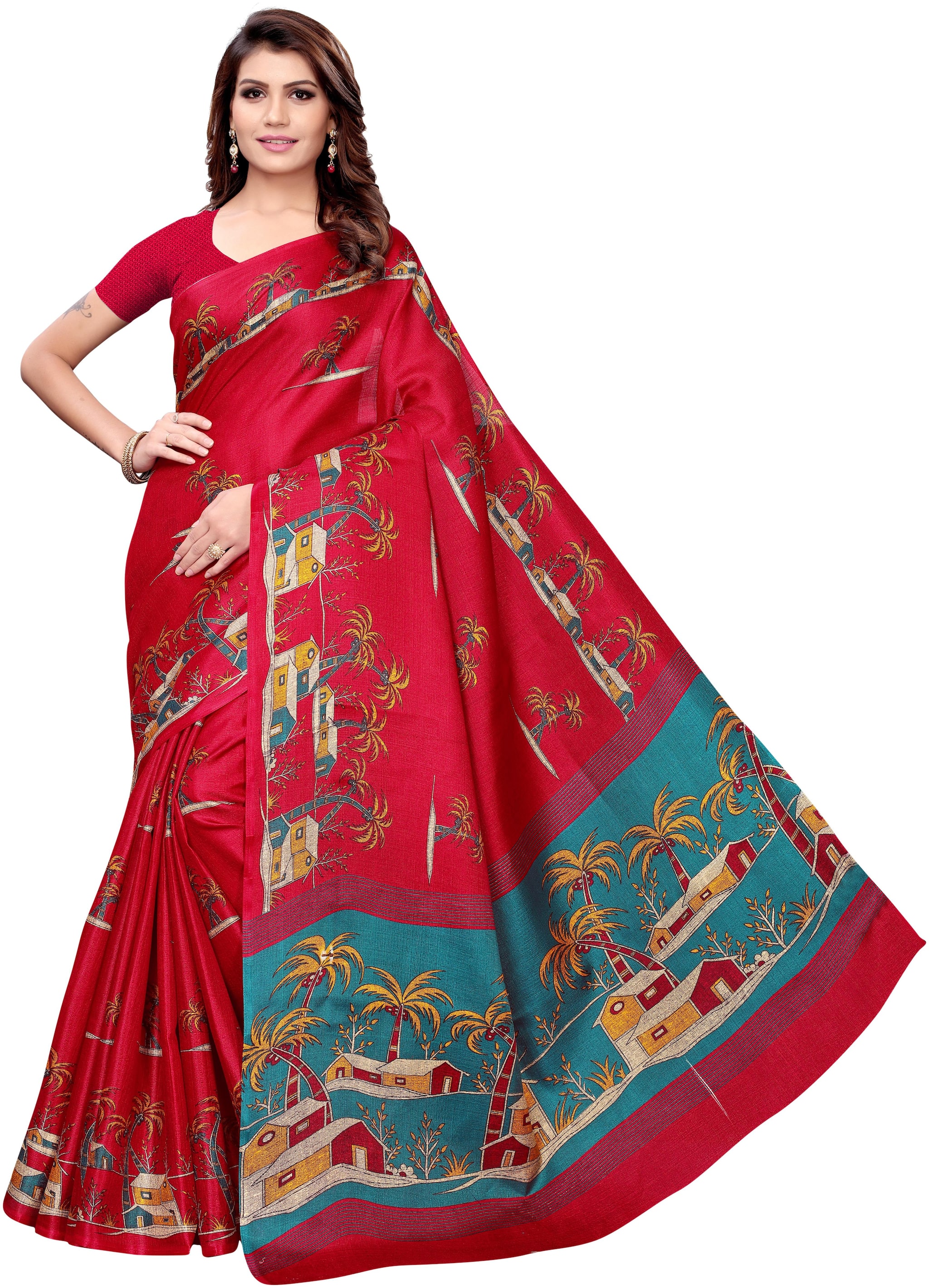 

Indian Beauty Women Red Color Kalamkari Silk Printed Saree With Blouse Piece