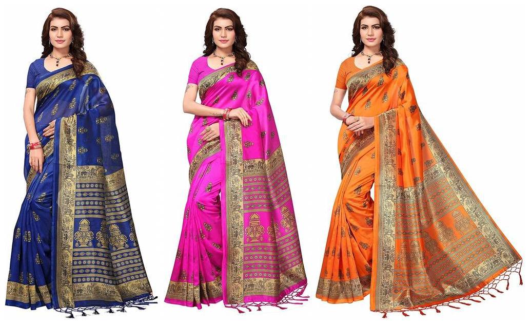 

Indian Beauty Women s Art Mysore Khadi Silk Saree With Blouse Piece Pack of 3