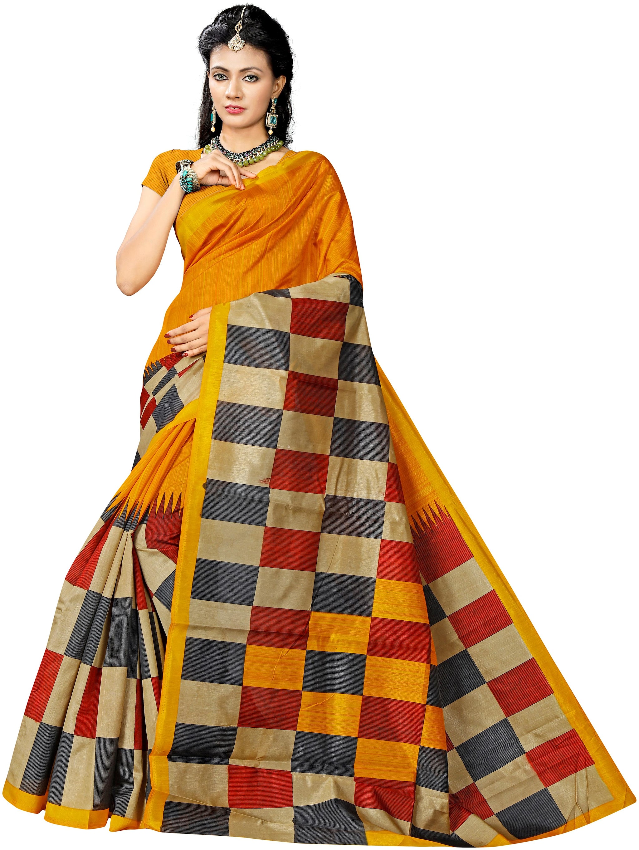 

Indian Beauty Women s Yellow Color Bhagalpuri Silk Printed Saree With Blouse
