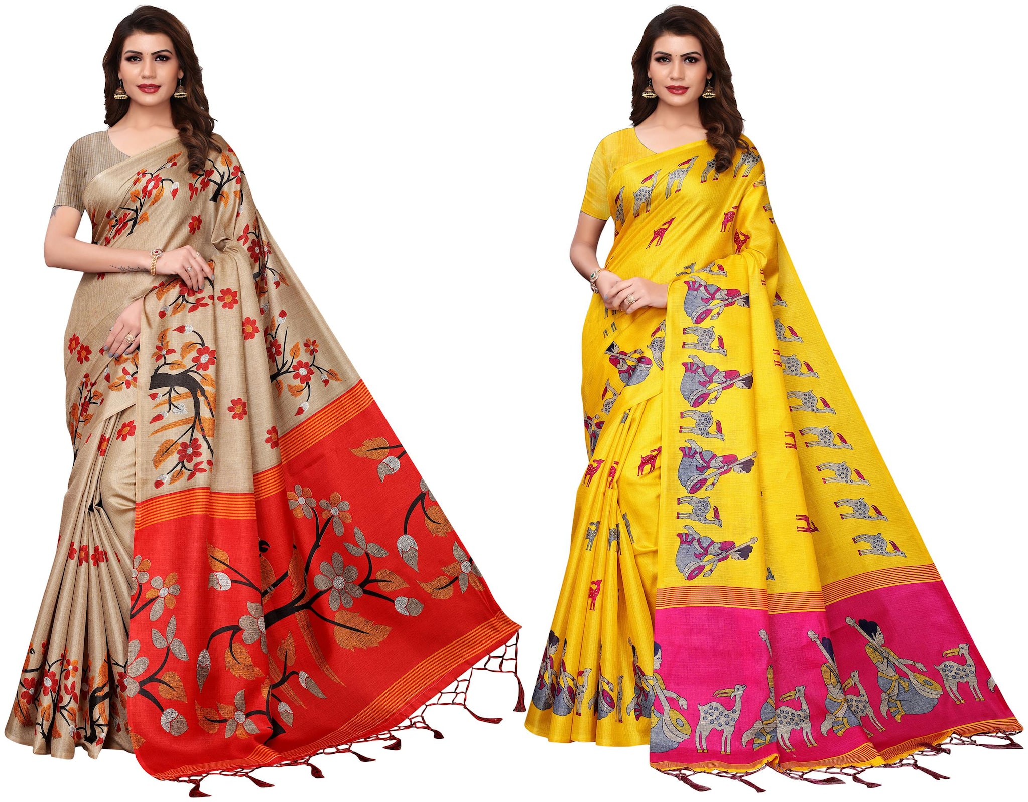

Indian Beauty Womens Multi Color Mysore Silk Printed Pack Of 2 Sarees With Blouse Piece
