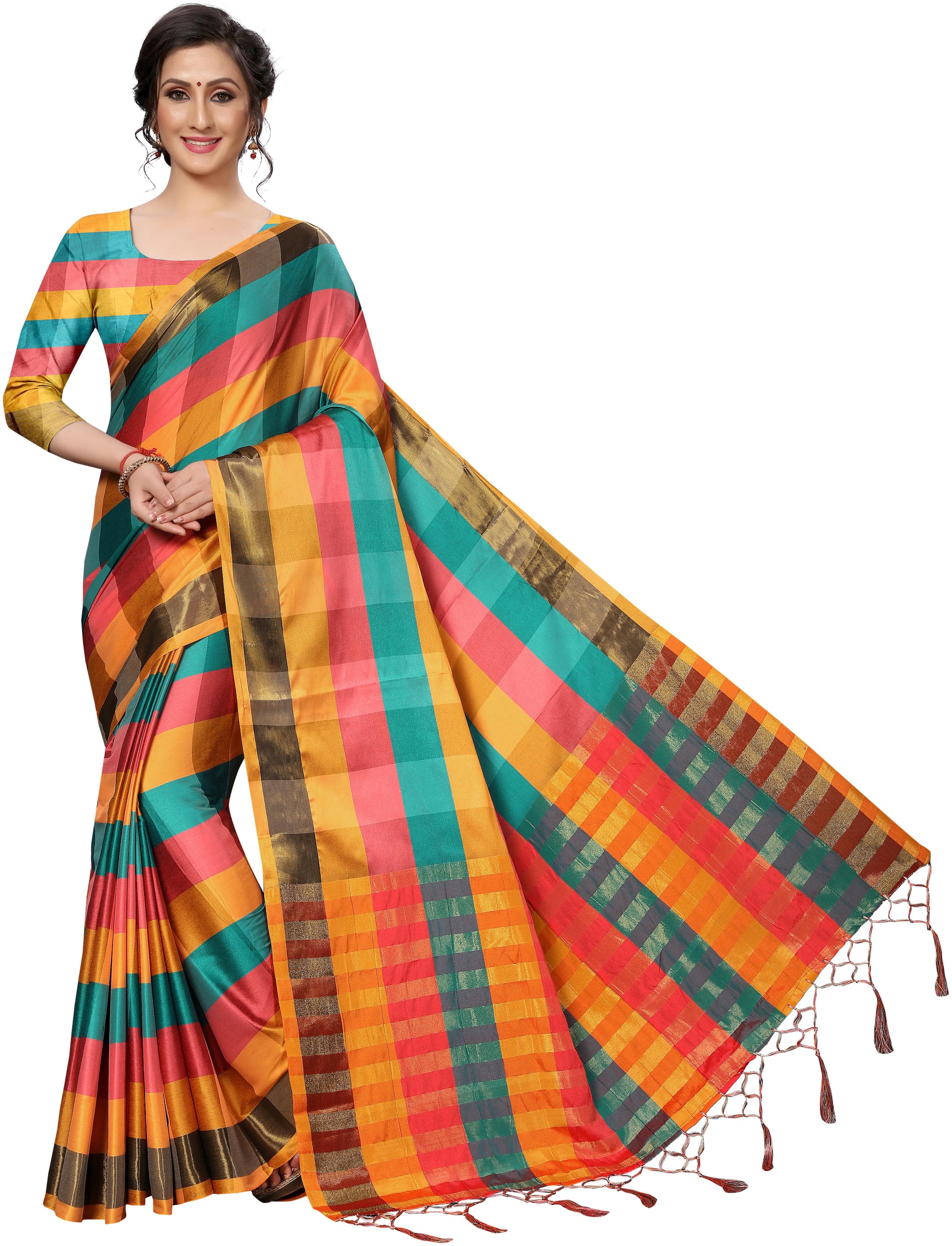 

Indian Beauty Womens Sky Blue Color Ikkat Cotton Silk Checks Saree Border Tassels With Blouse pcs(UPADA SKYBLUE Free Size)
