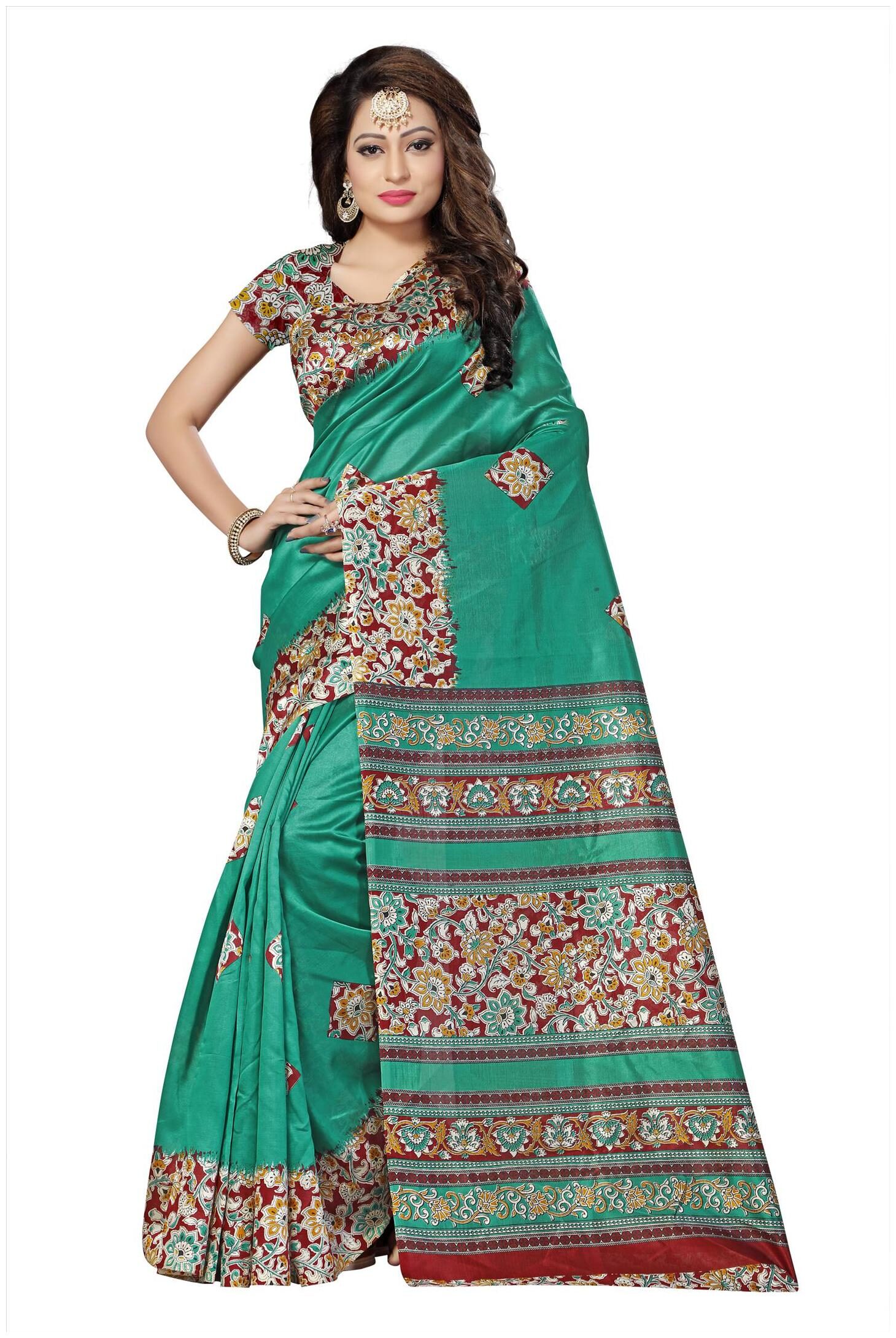 

Indian Beauty Women s Green Color Kalamkari Mysore Silk Printed Saree With Blouse