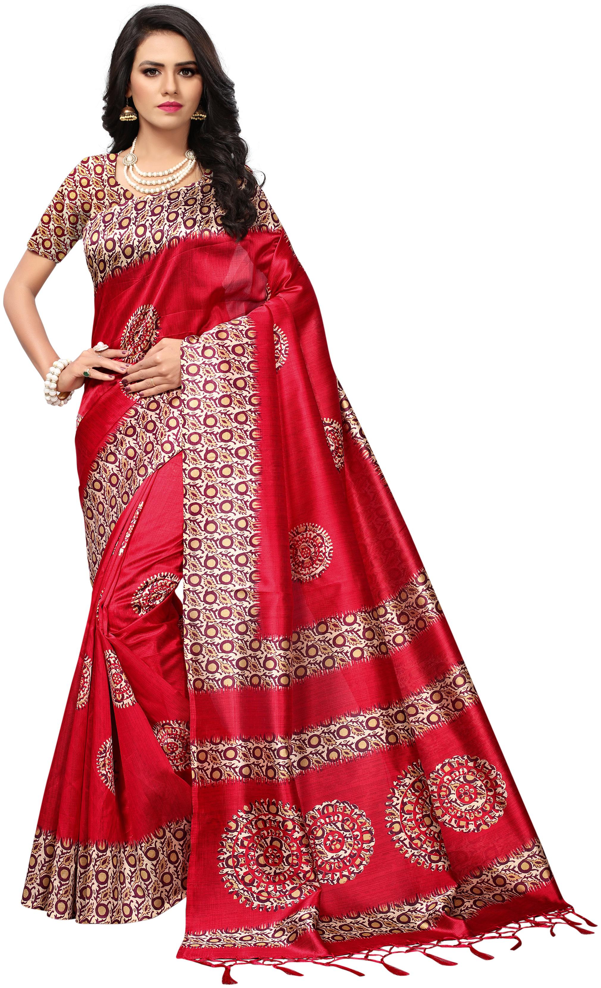

Indian Beauty Women s Red Color Mysore Silk With Tessals Printed Saree With Blouse