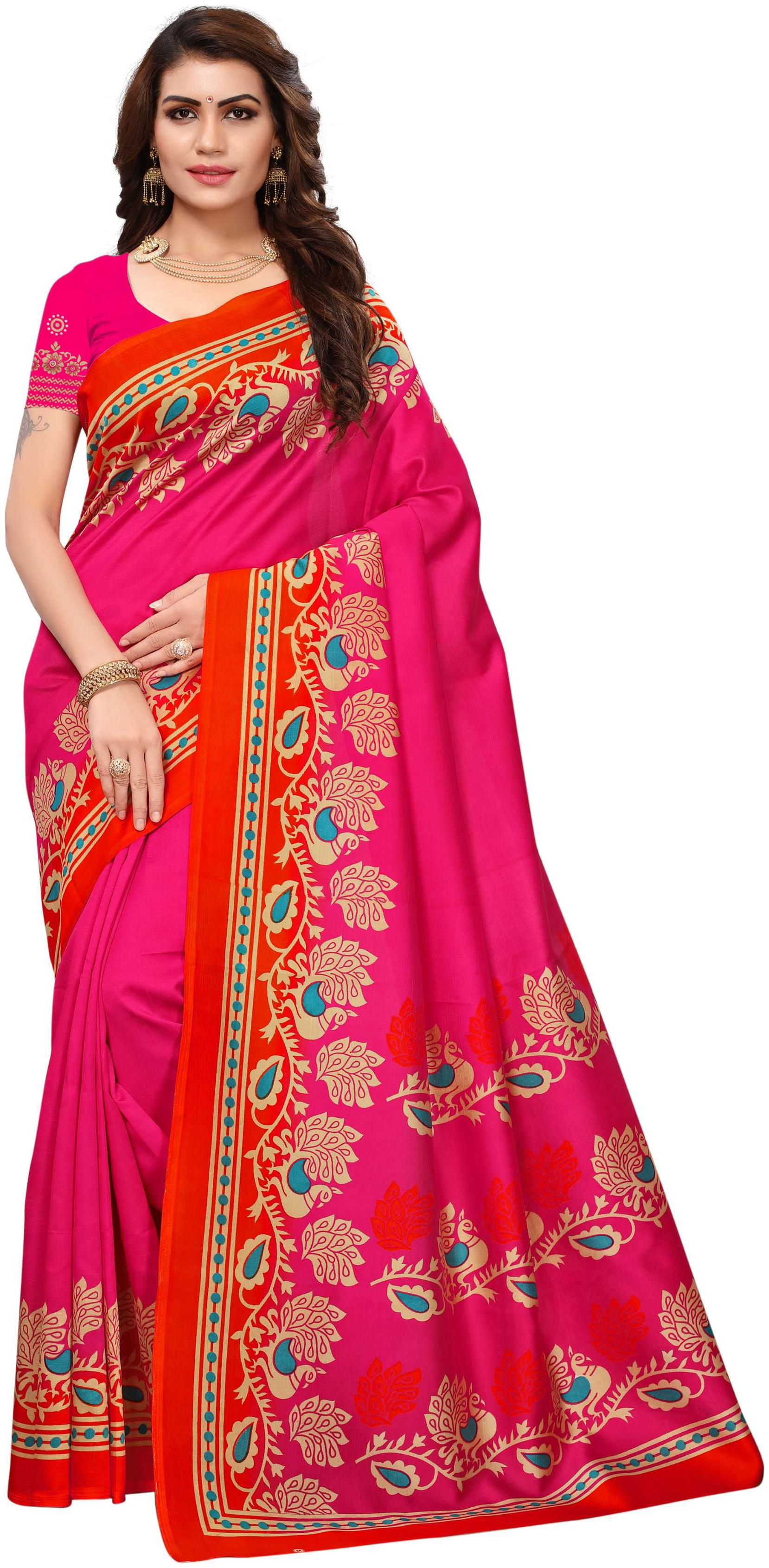 

Indian Beauty Women s Pink Mysore Silk With Blouse Printed Sarees