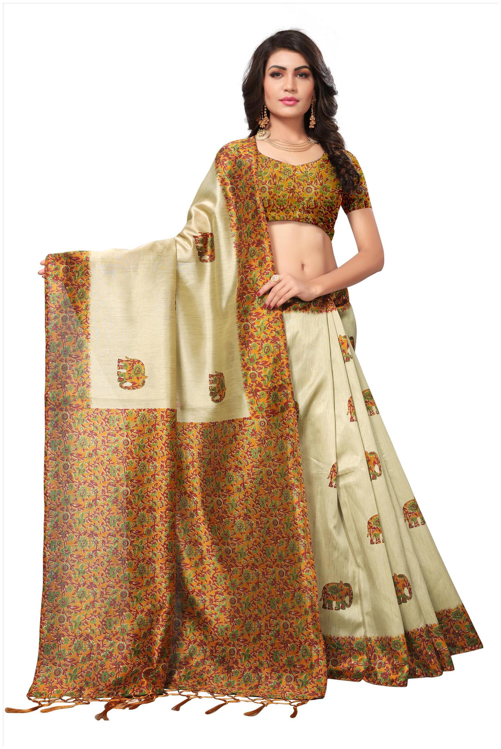 

Indian Beauty Women s Yellow Color Kashmiri Silk With Tessals Printed Saree With Blouse