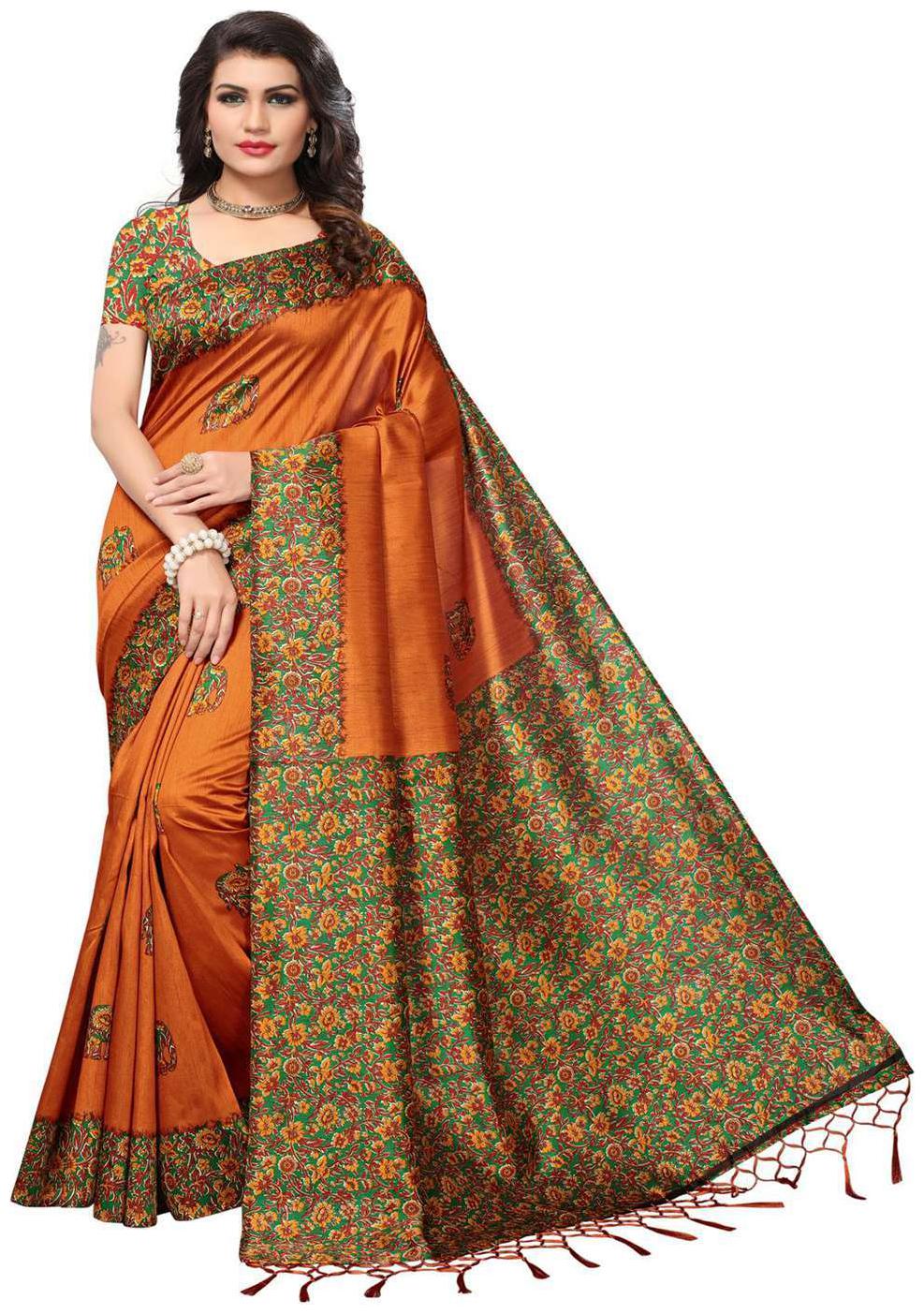 

Indian Beauty Women s Mustard Color Kashmiri Silk With Tessals Printed Saree With Blouse