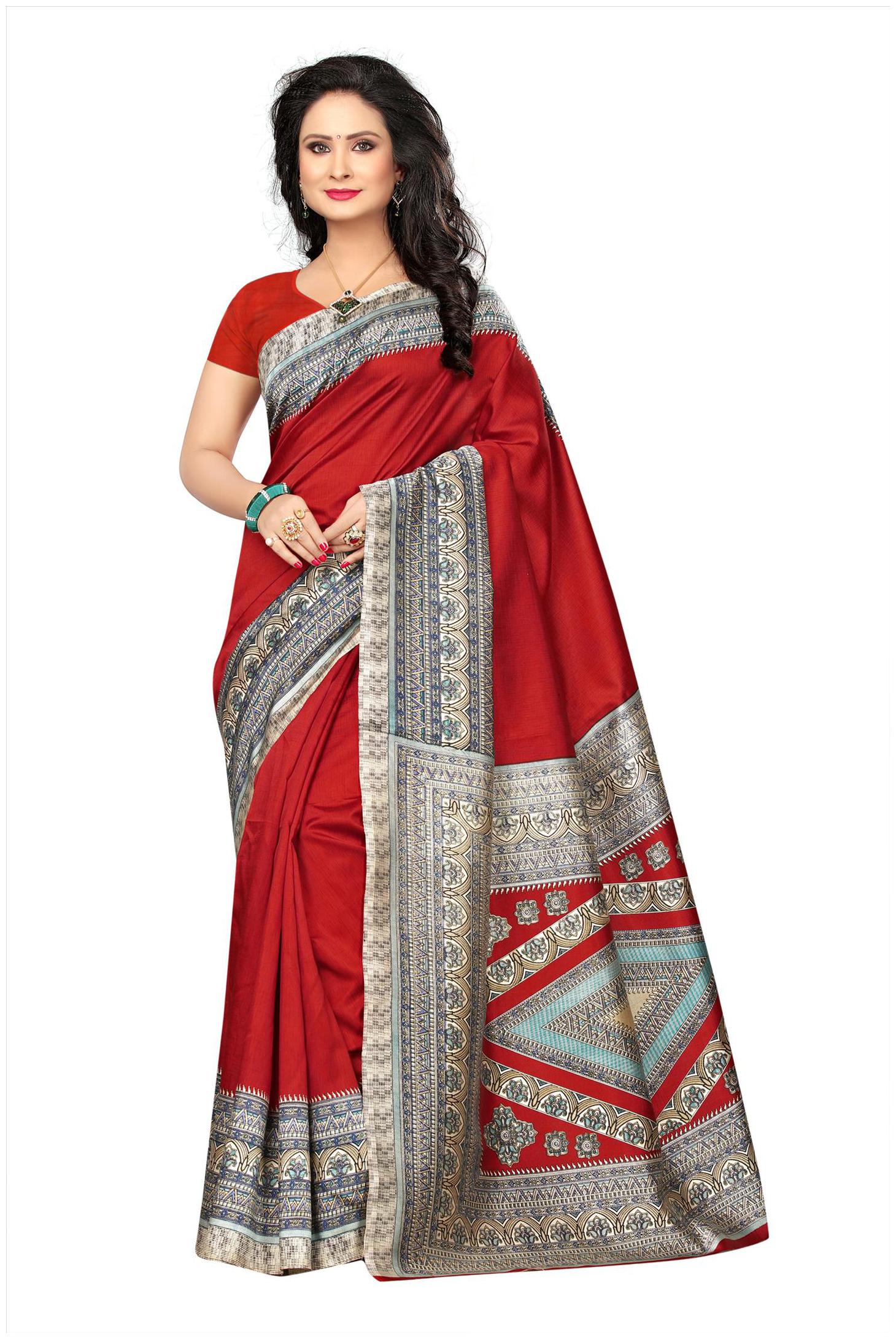 

Indian Beauty Women s Red Color Kalamkari Mysore Silk Printed Saree With Blouse
