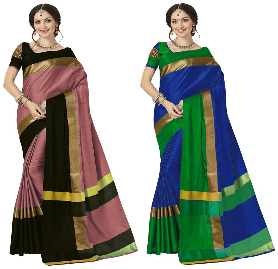 

Indian Beauty Women s Multicolor Cotton Silk Plain Saree With Blouse