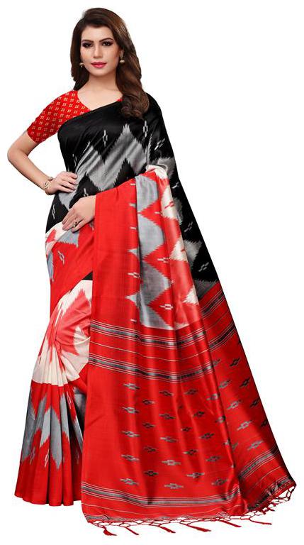 

Indian Beauty Women Multi Color Mysore Silk Printed Saree Border Tassels With Blouse Piece