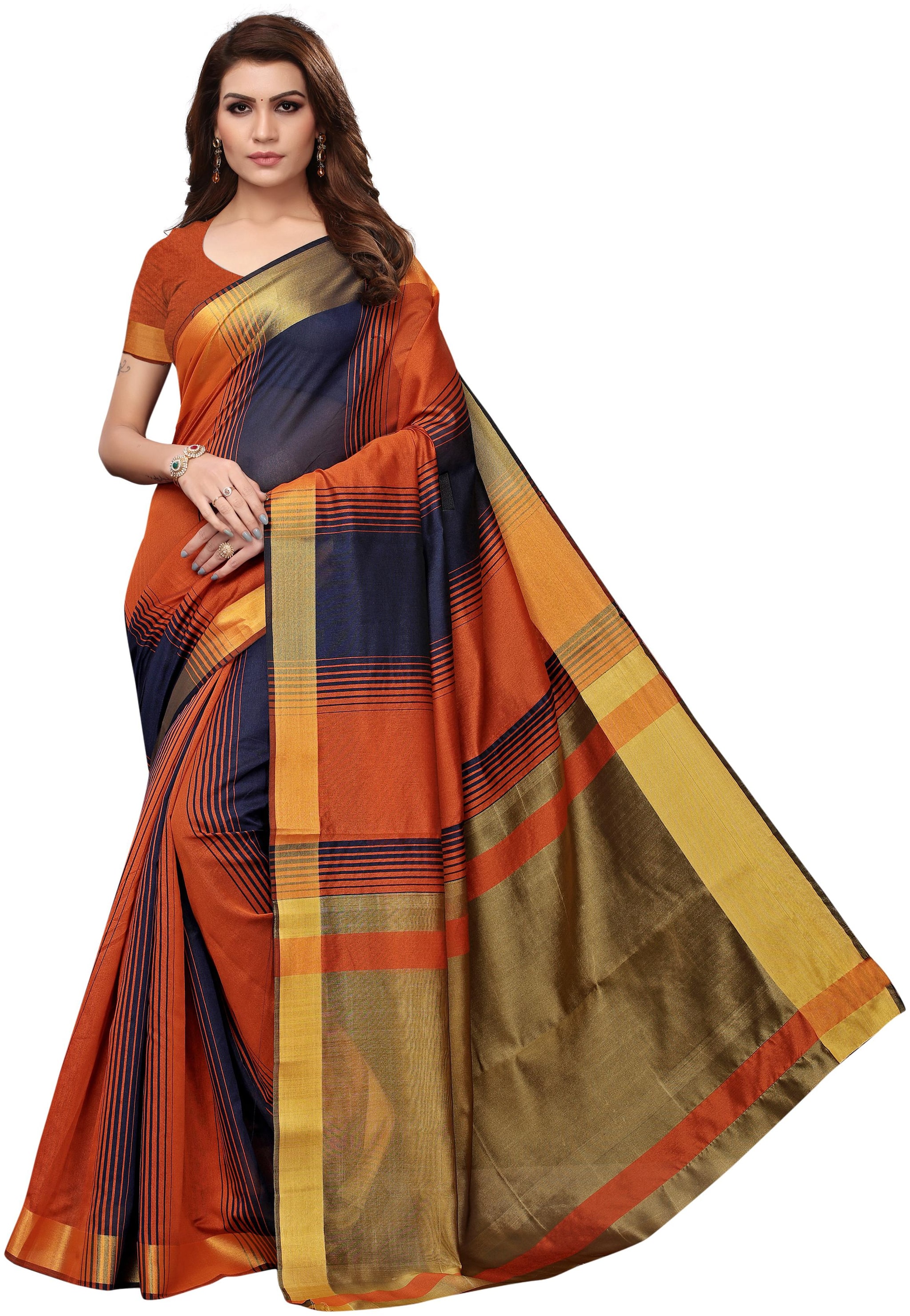 

Indian Beauty Orange Solid Universal Regular Saree With Blouse With blouse
