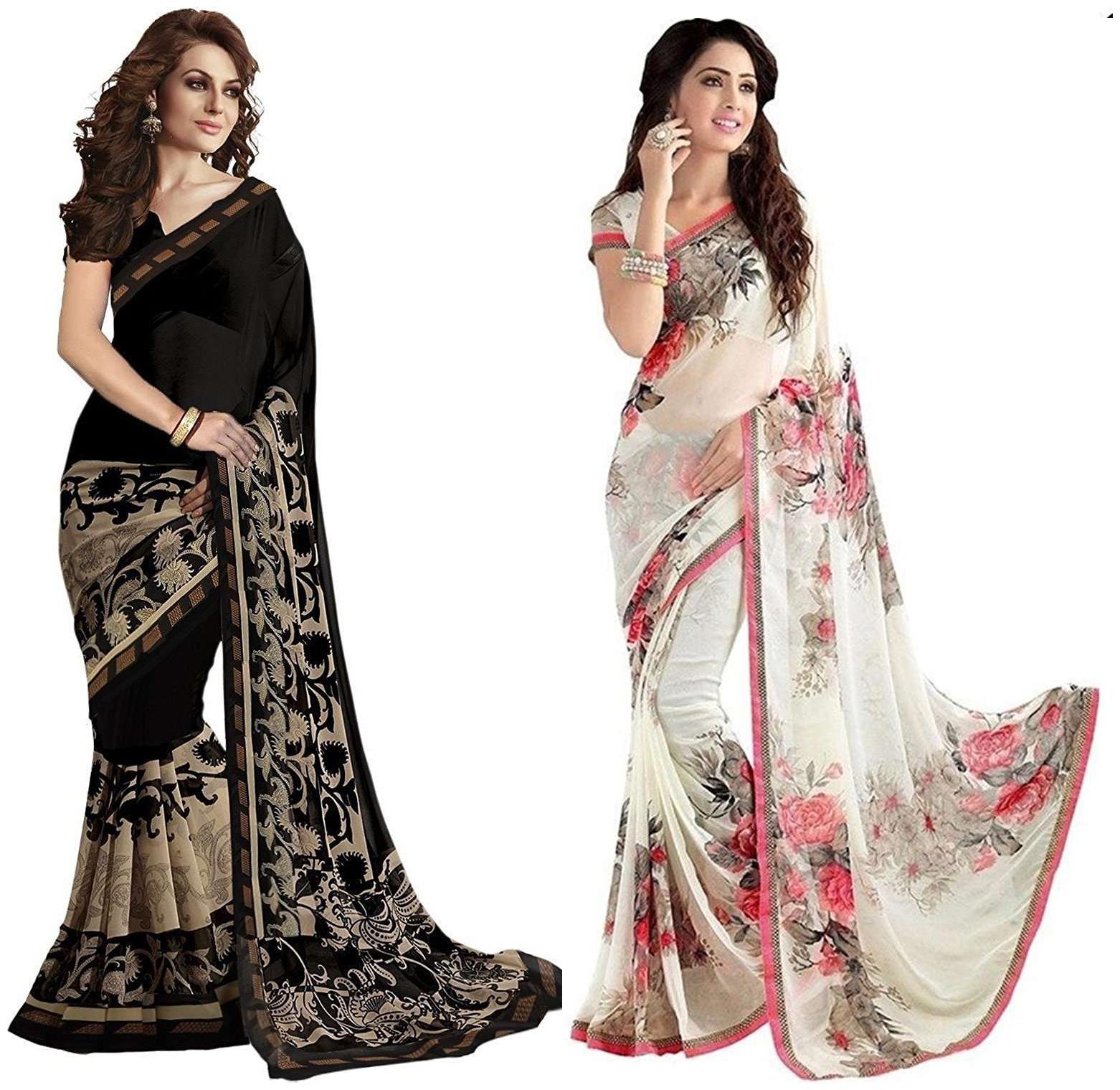 

Indian Beauty Women s White Black Color Georgette Printed Sarees (Pack Of 2)