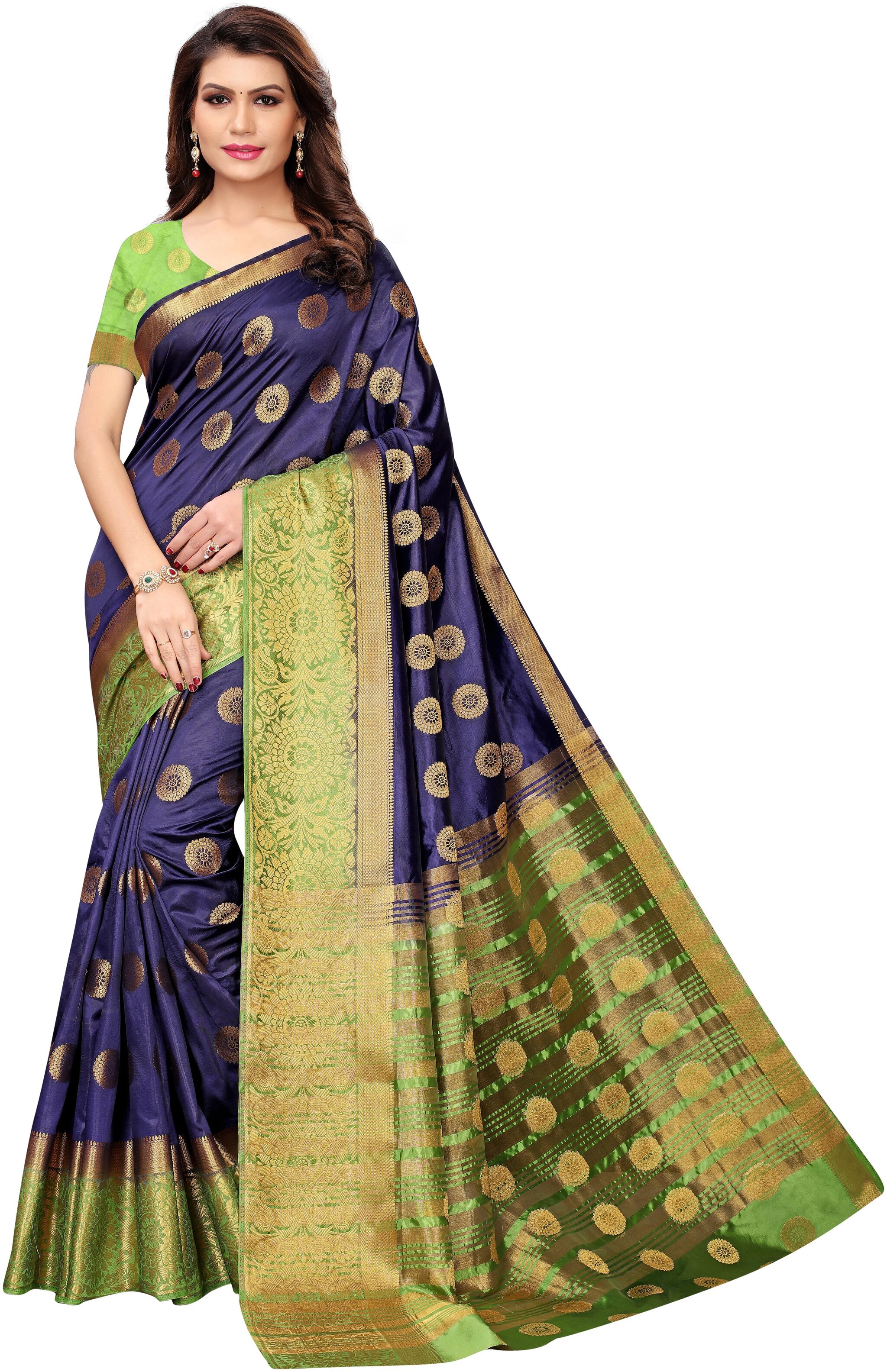 

Indian Beauty Womens Green Color Kanjivaram Tassar Silk Jacquard Work Saree With Blouse pcs(RANGOLI BUTTA NAVY GREEN Free Size)