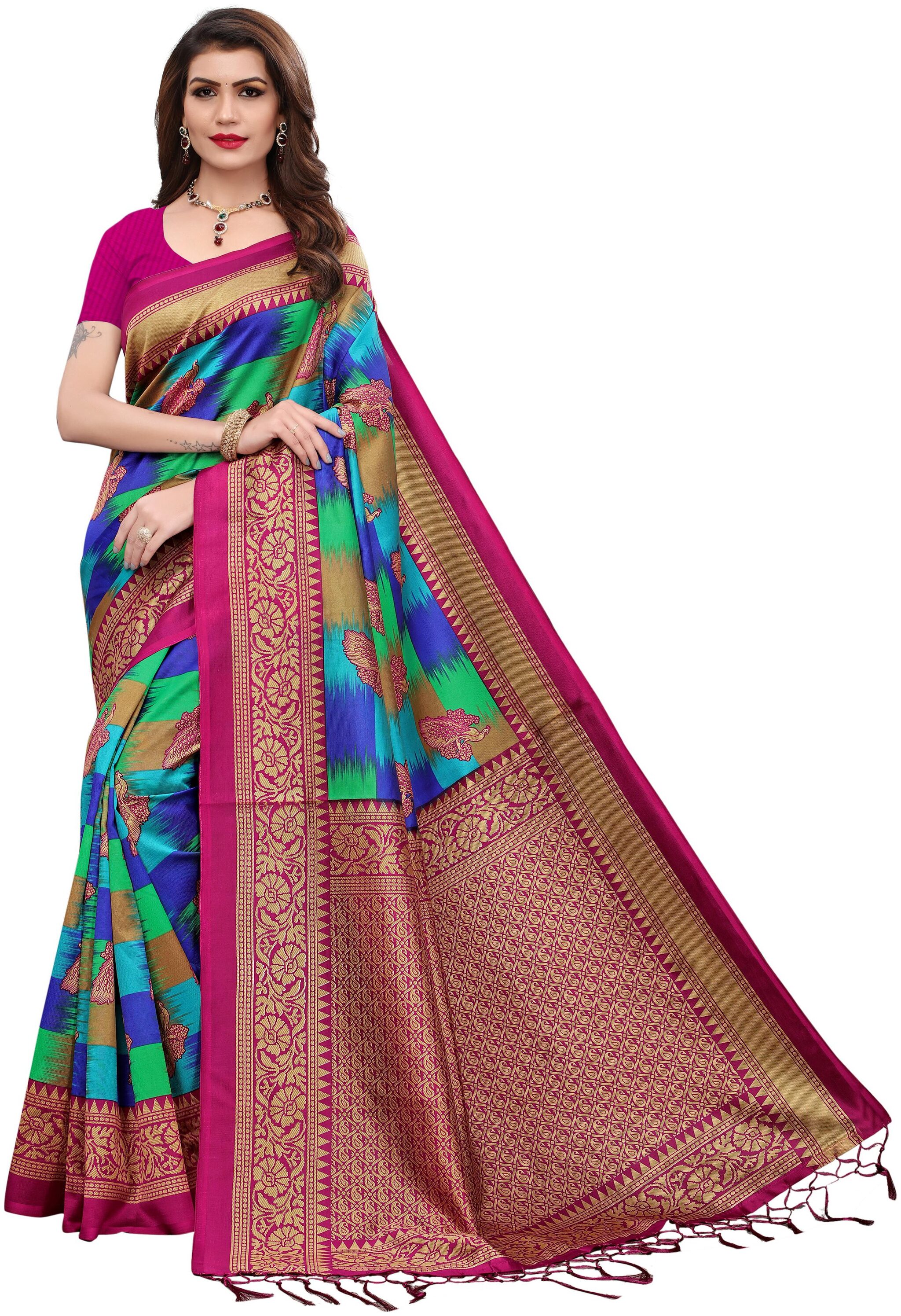 

Indian Beauty Women Magenta Color Mysore Art Silk Printed Saree Border Tassels With Blouse Piece