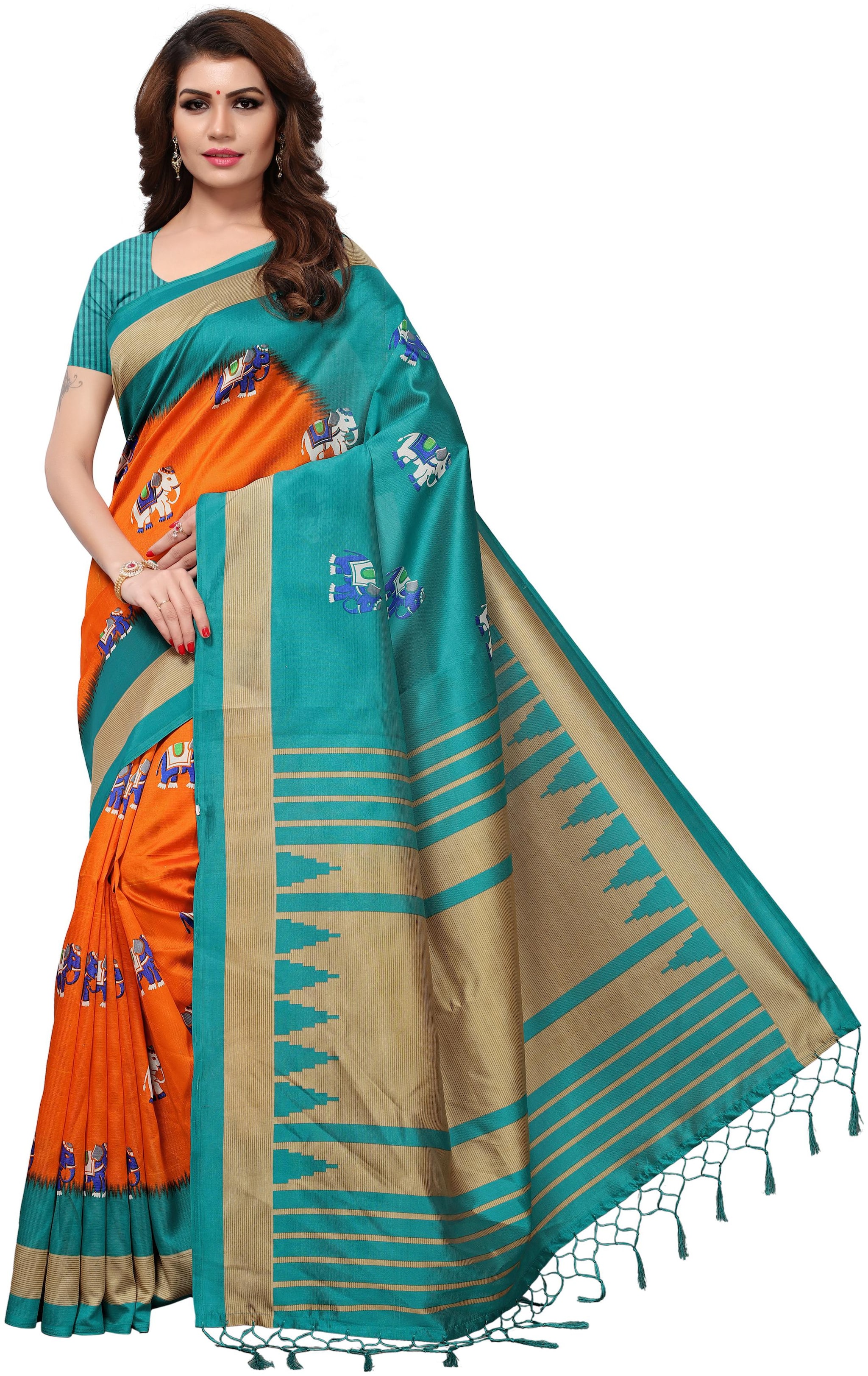 

Indian Beauty Women Orange Color Mysore Art Silk Printed Saree Border Tassels With Blouse Piece