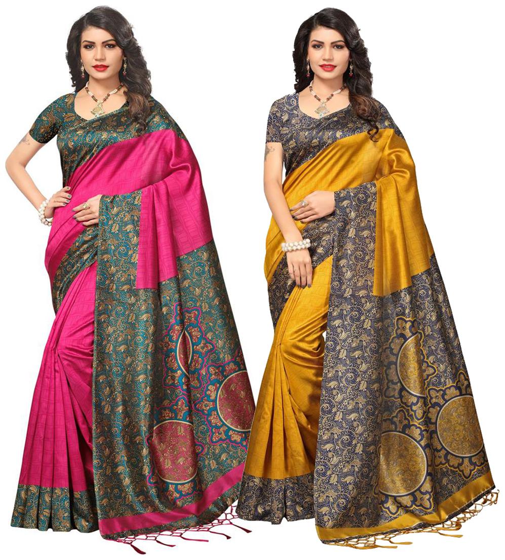 

Indian Beauty Women s Multi Color Mysore Silk With Jhalar Saree With Blouse Piece (Pack Of 2) Sarees