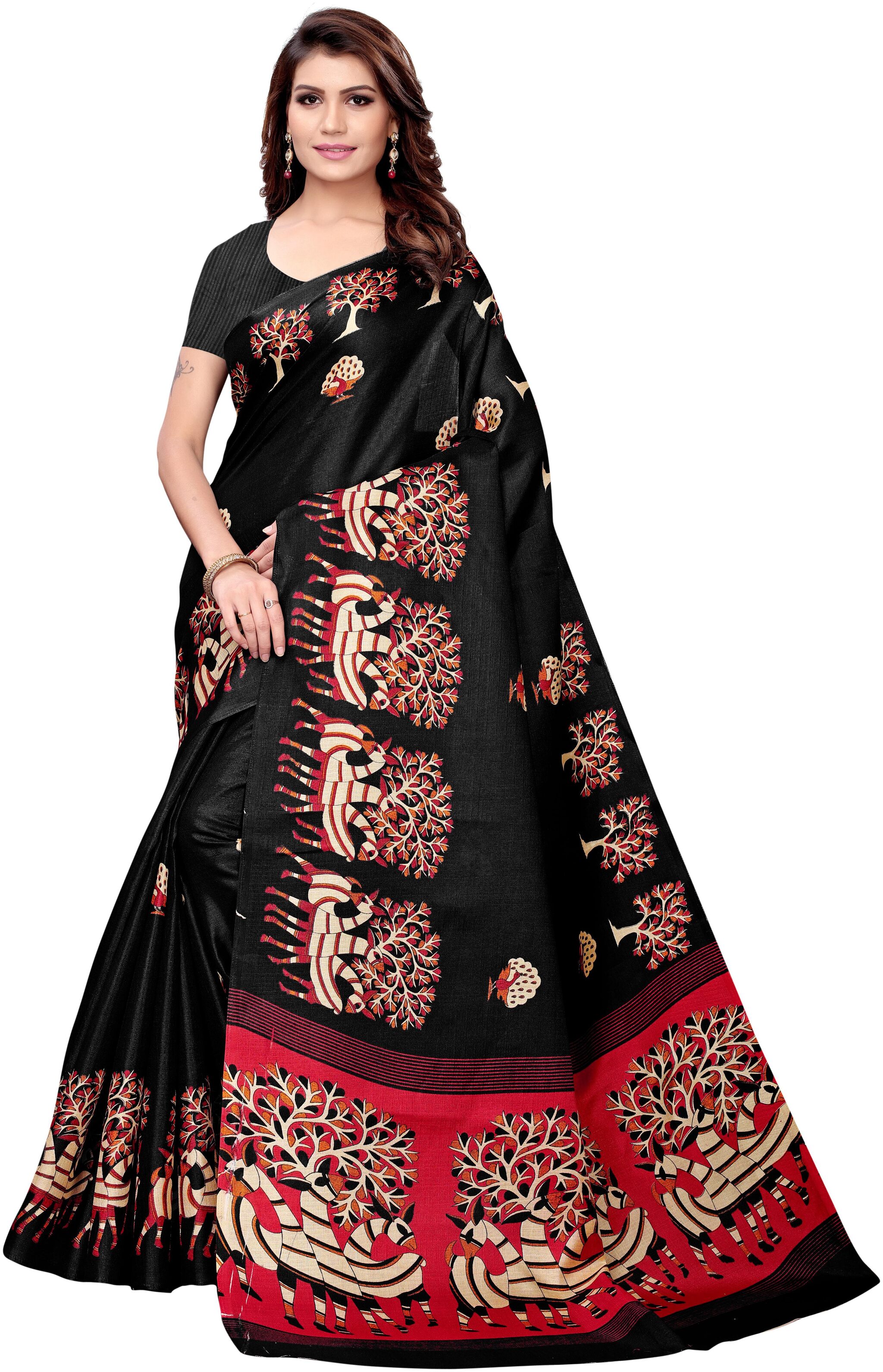 

Indian Beauty Women Black Color Kalamkari Silk Printed Saree With Blouse Piece