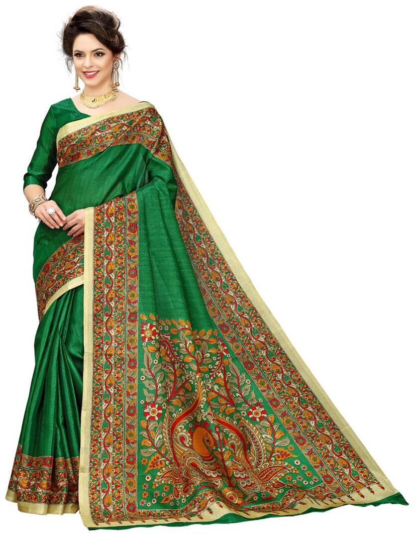 

Indian Beauty Women s Green Kalam Kaari Print With Blouse Saree