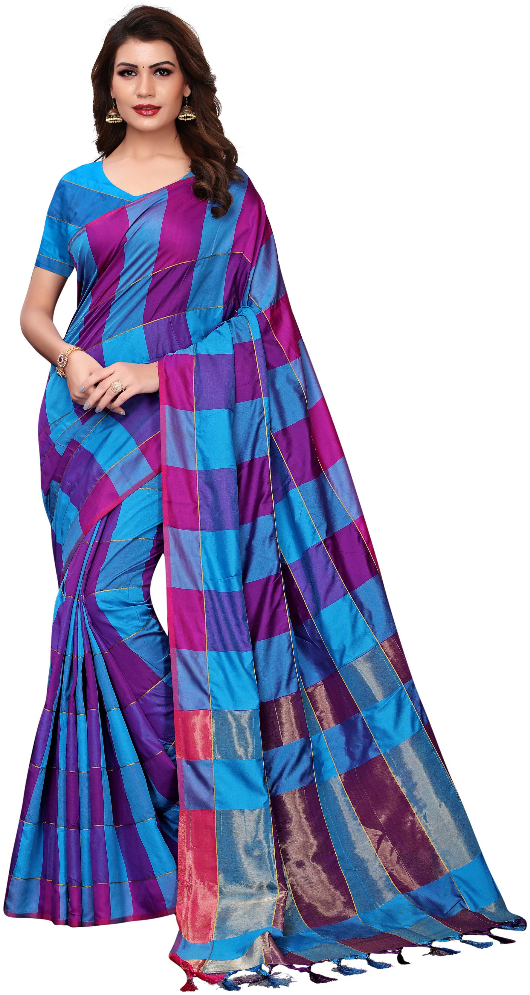 

Indian Beauty Women Sky Blue Color Cotton Silk Chex Saree With Blouse pcs(MUDITA-SKY-MAZANTA Free Size)