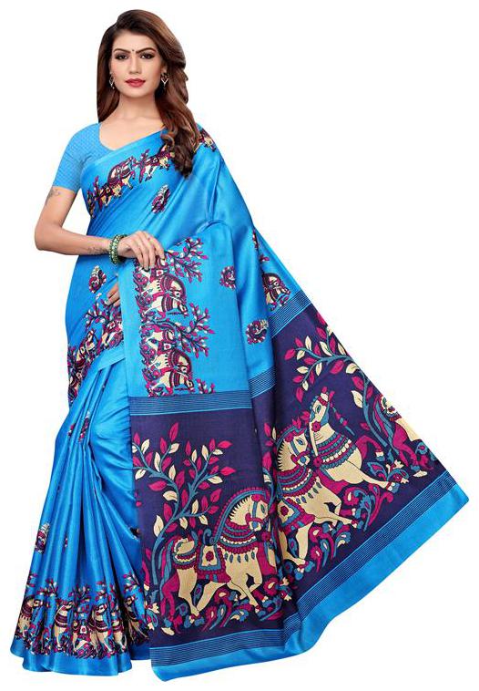 

Indian Beauty Women TurquoiseColor Khadi Silk Printed Saree With Blouse Piece