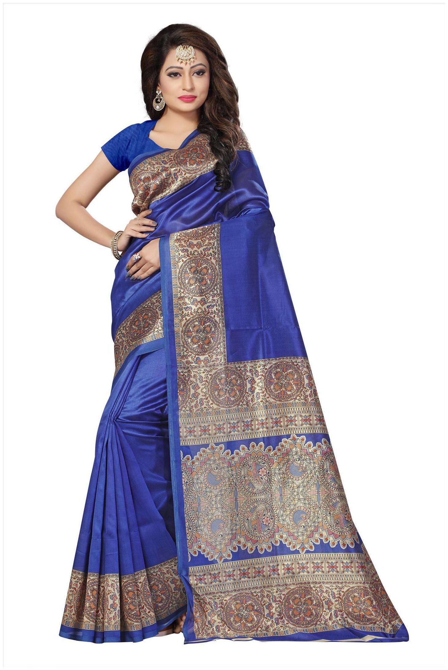 

Indian Beauty Women s Blue Color Kalamkari Mysore Silk Printed Saree With Blouse