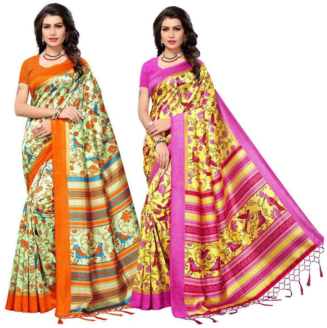 

Indian Beauty Women s Multi Color Mysore Silk With Jhalar Saree With Blouse Piece (Pack Of 2) Sarees