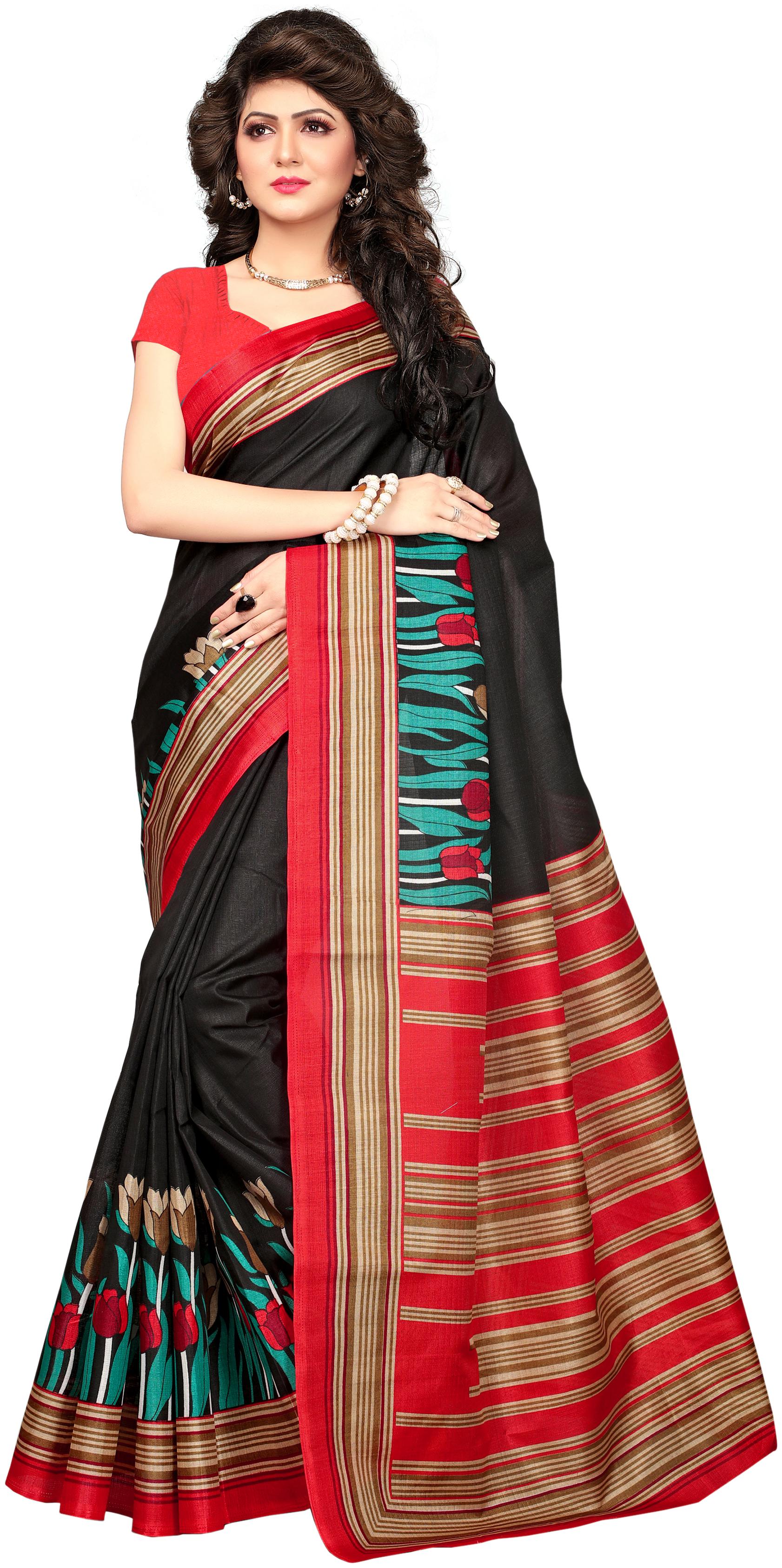 

Indian Beauty Women s Black Color Khadi Jute Silk Printed Saree With Blouse