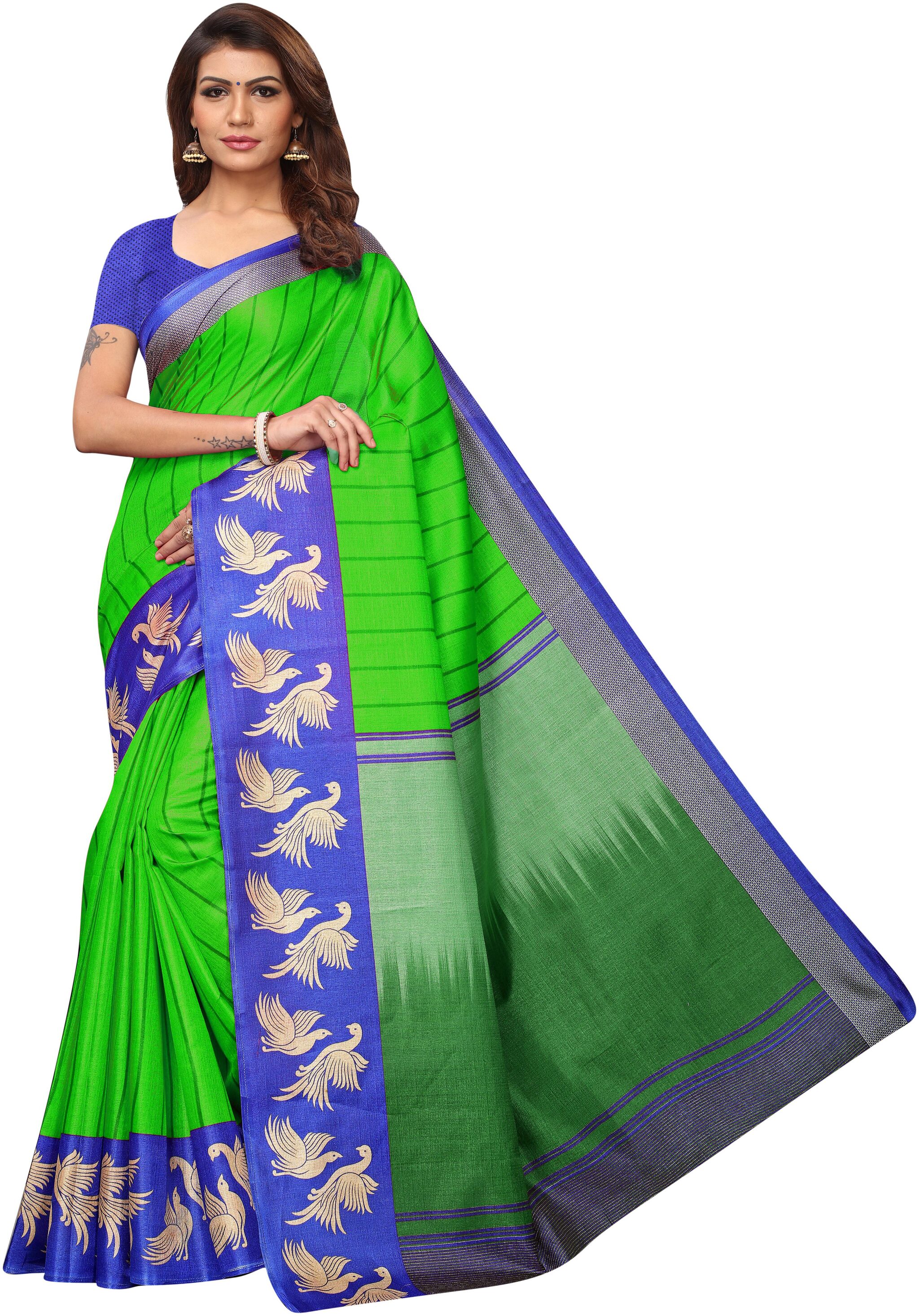 

Indian Beauty Womens Green Color Kalamkari Silk Printed Saree With Blouse pcs(EAGLE GREEN Free Size)