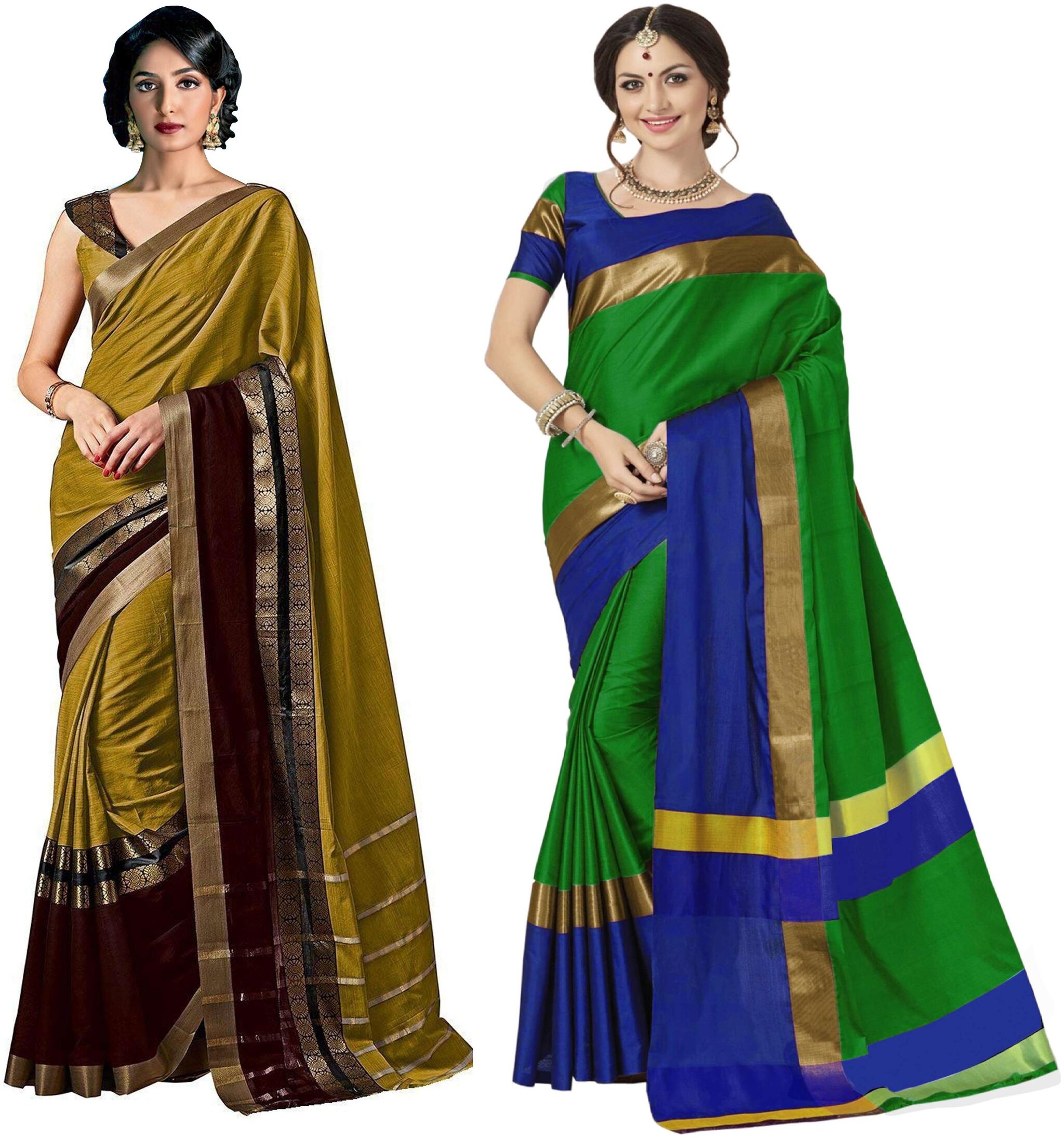 

Indian Beauty Women s Mustard Green Art Cotton Blended Saree With Blouse Pack of 2