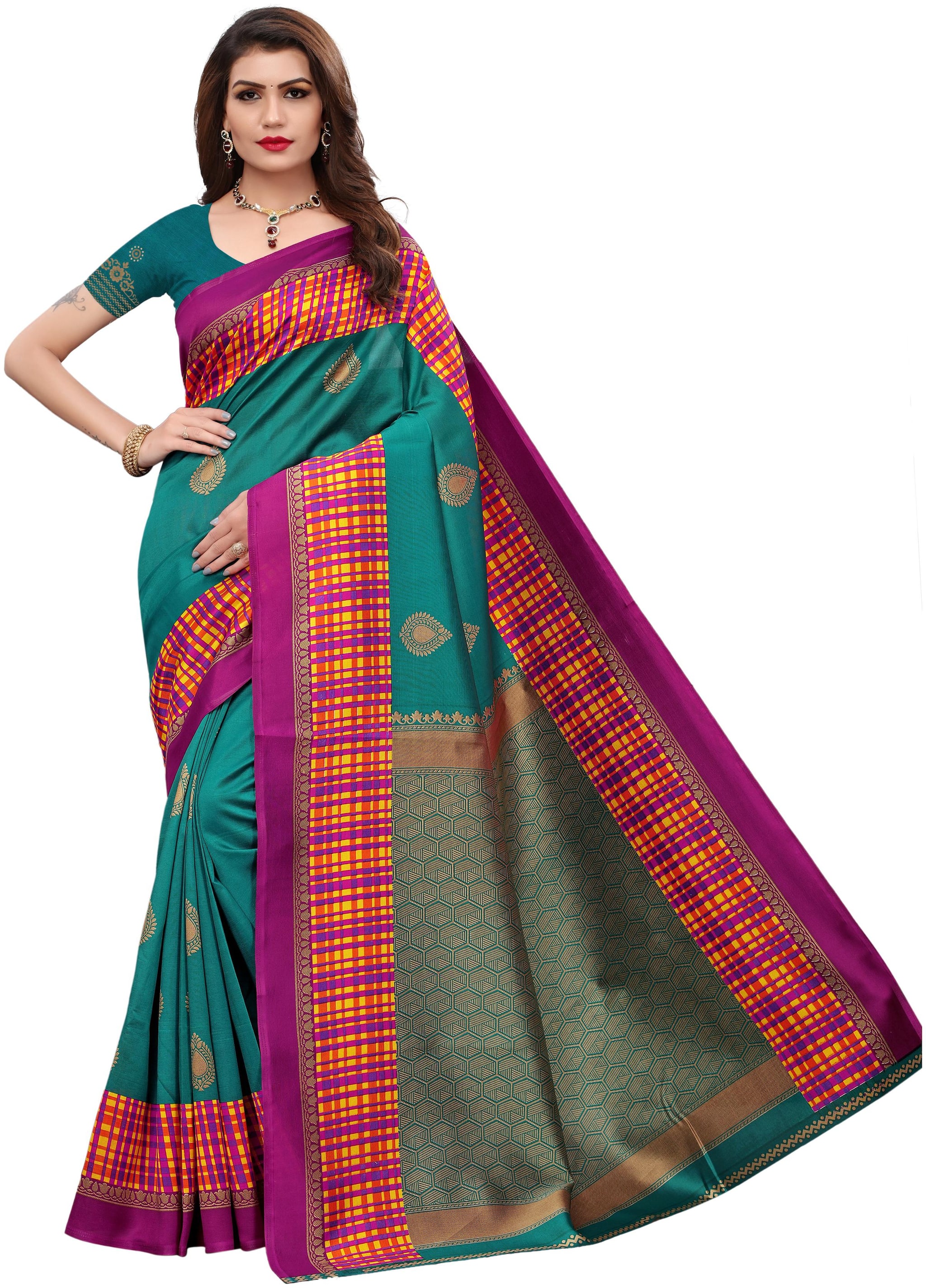 

Indian Beauty Women Rama Color Mysore Art Silk Printed Saree With Blouse Piece