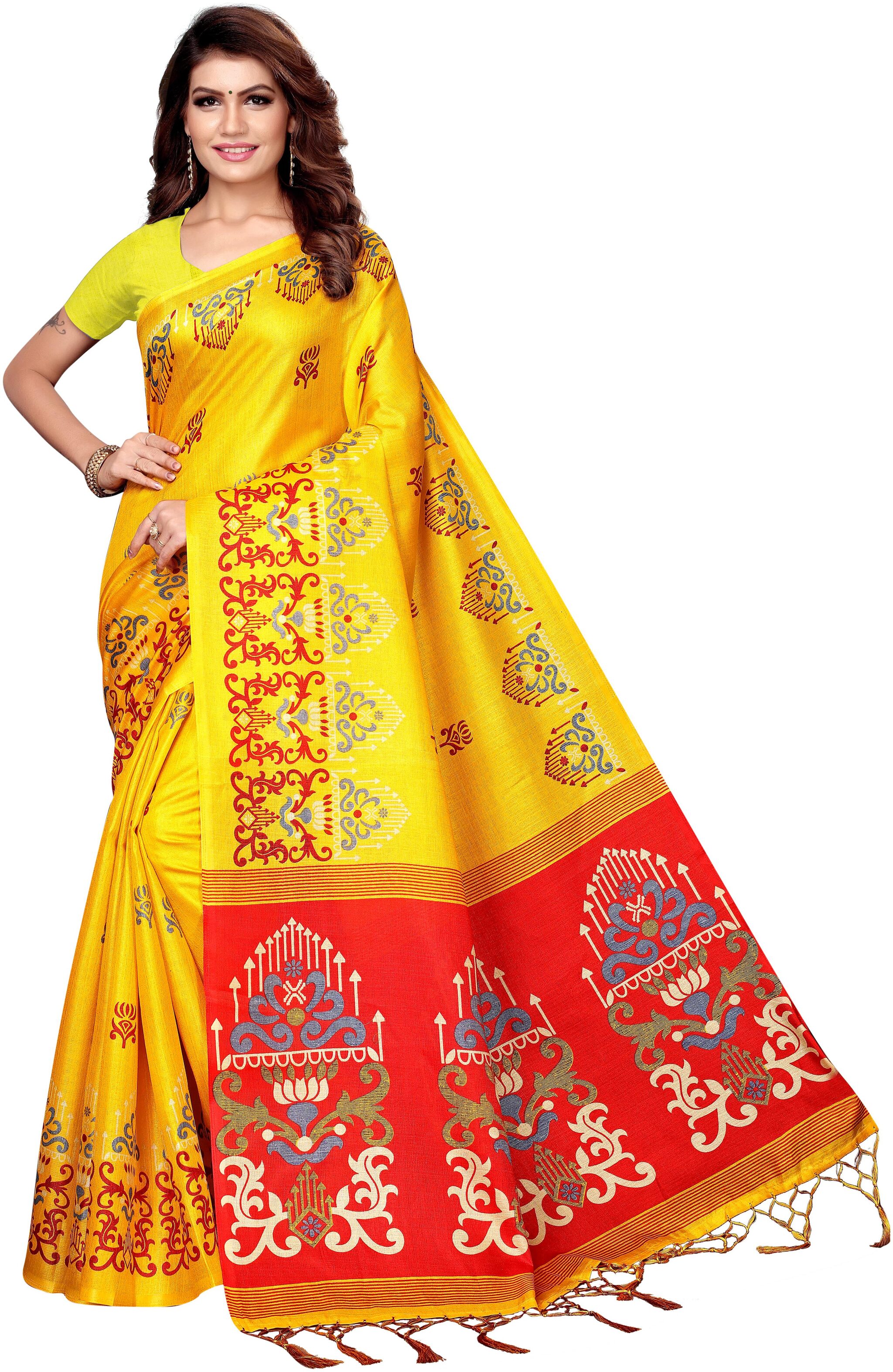 

Indian Beauty Womens Yellow Color Kalamkari Silk Printed Saree Border Tassels With Blouse pcs(JHUMAR YELLOW Free Size)