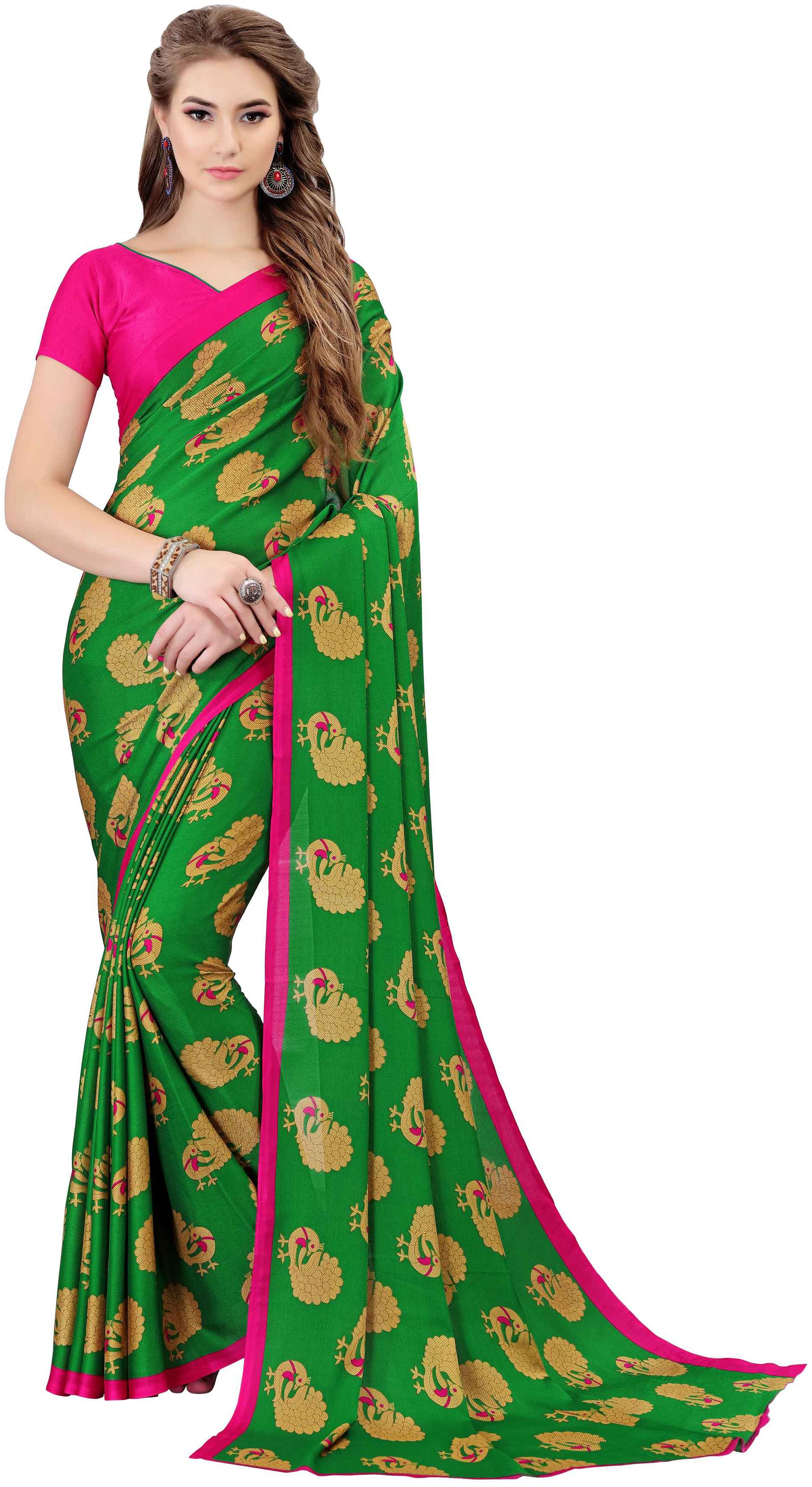 

Indian Beauty Women s Green Color Crepe Silk Peacock Printed Saree With Blouse