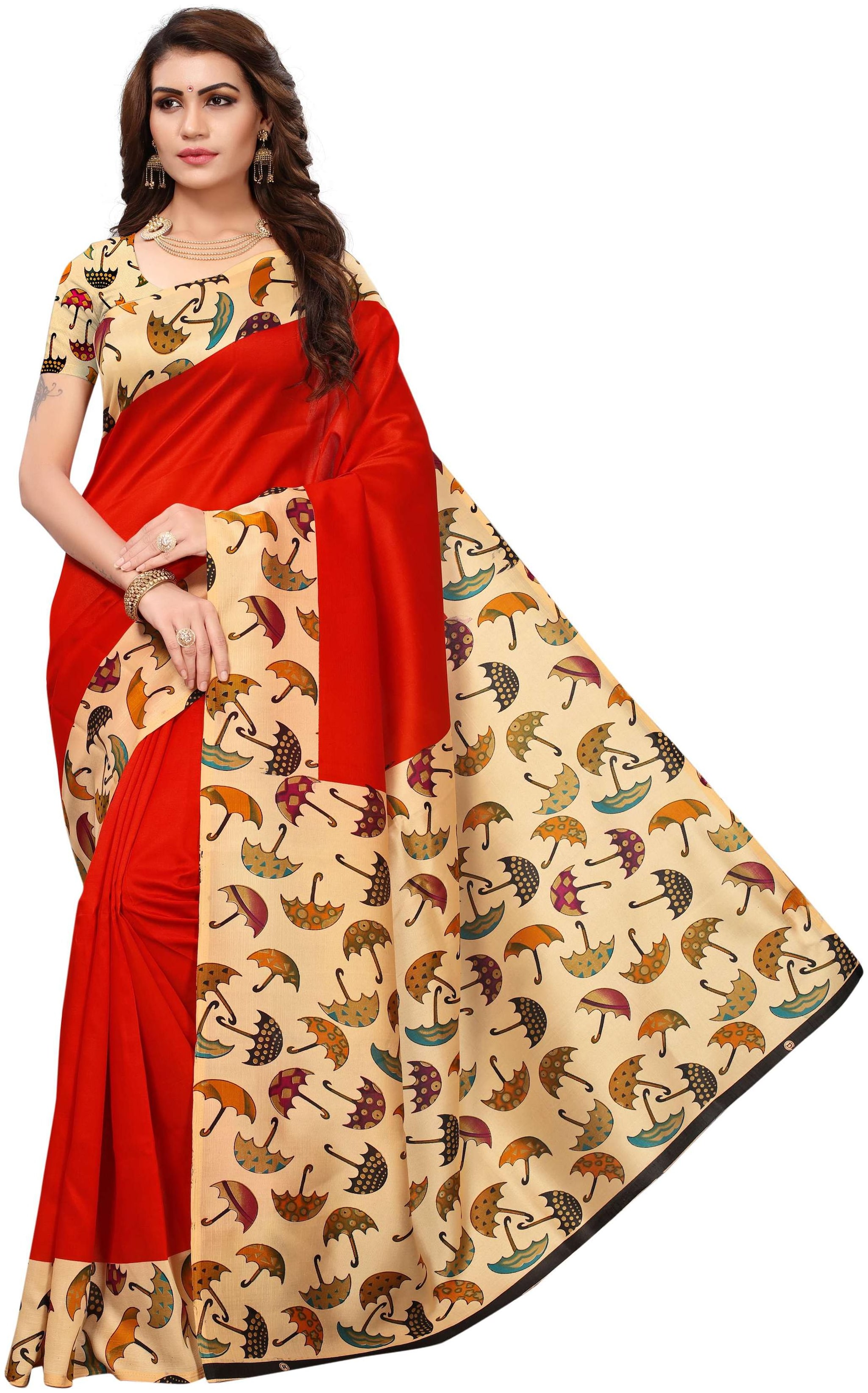 

Indian Beauty Women s Red Mysore Silk With Blouse Printed Sarees