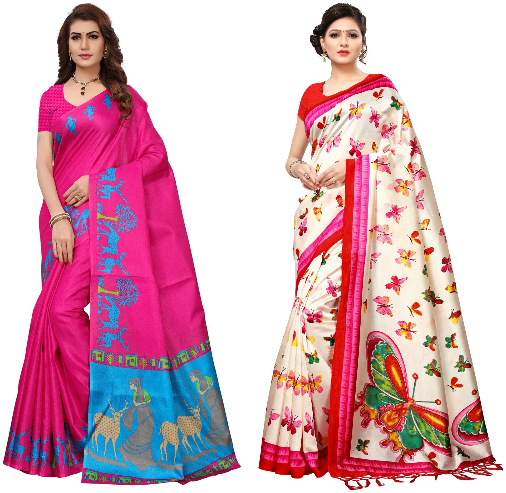 

Indian Beauty Women s Multi Color Art Cotton Blend Silk Printed Saree With Blouse Piece (Pack of 2 Multi Color Free Size)