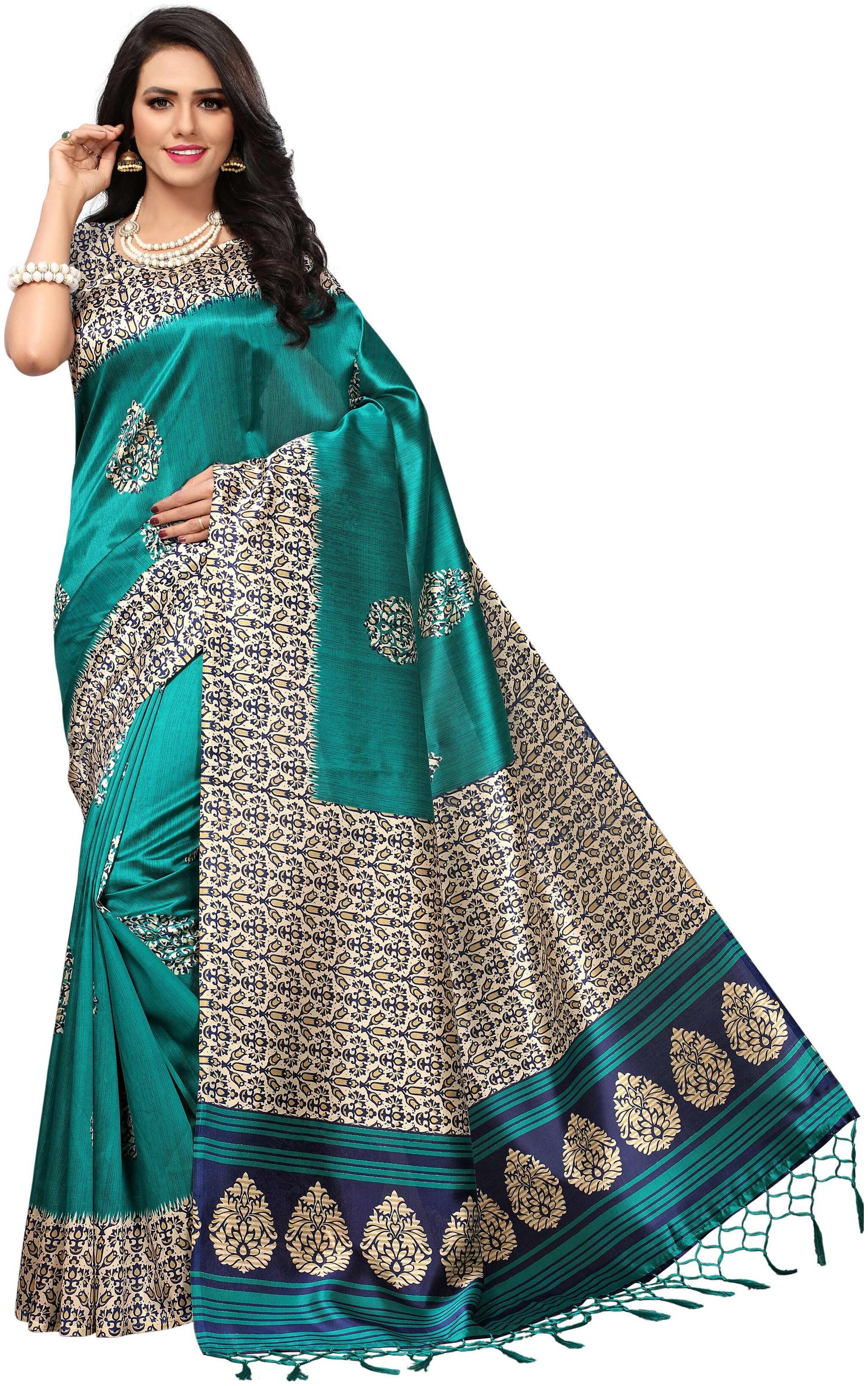 

Indian Beauty Women s Green Color Mysore Silk With Tessals Printed Saree With Blouse