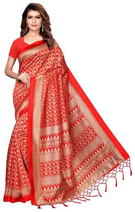 

Indian Beauty Women Red Color Mysore Silk Printed Saree Border Tassels With Blouse Piece