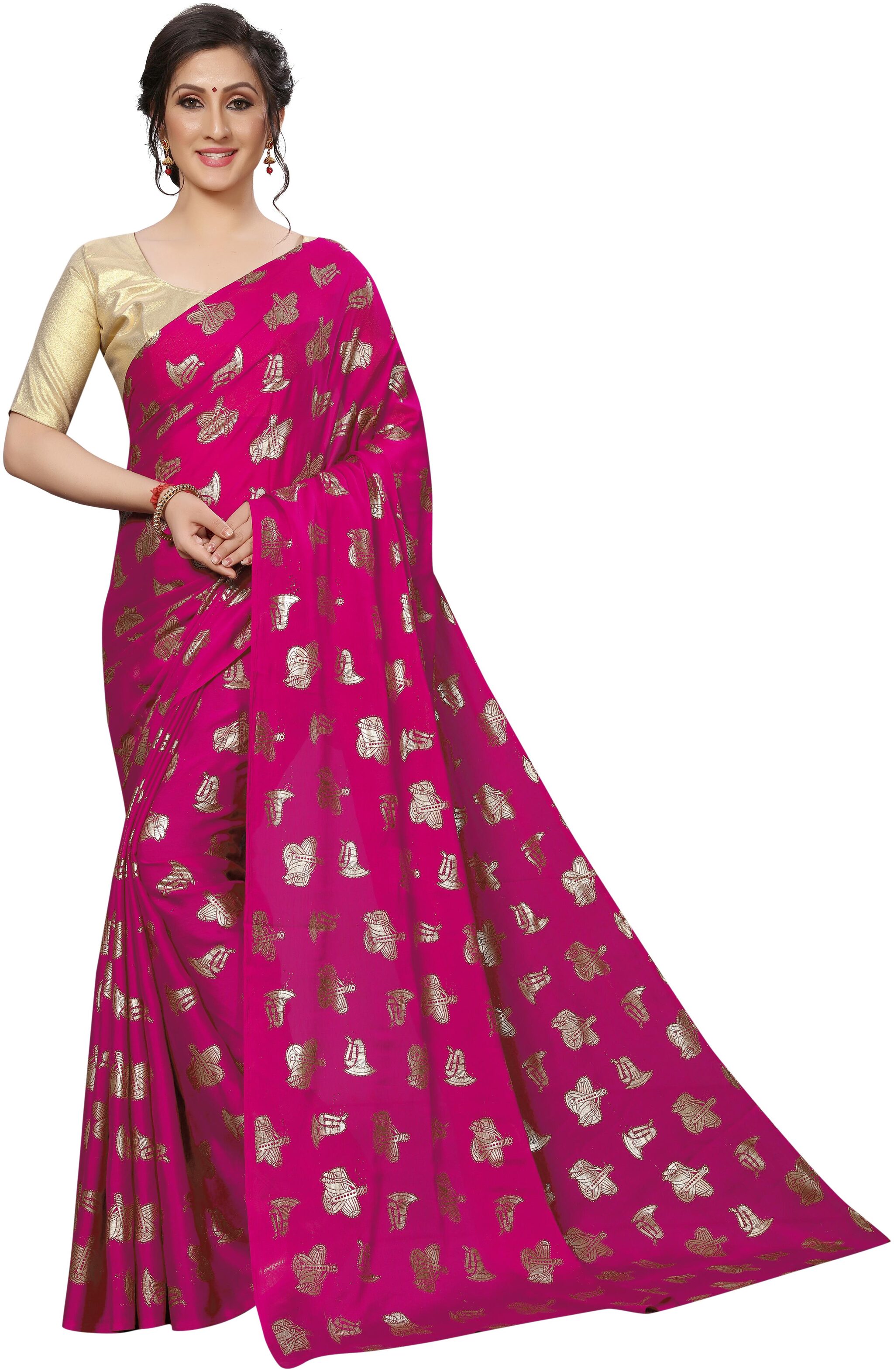 

Indian Beauty Womens Pink Color Crepe Silk Fiol Print Saree With Blouse pcs(FOIL MUSIC PINK Free Size)
