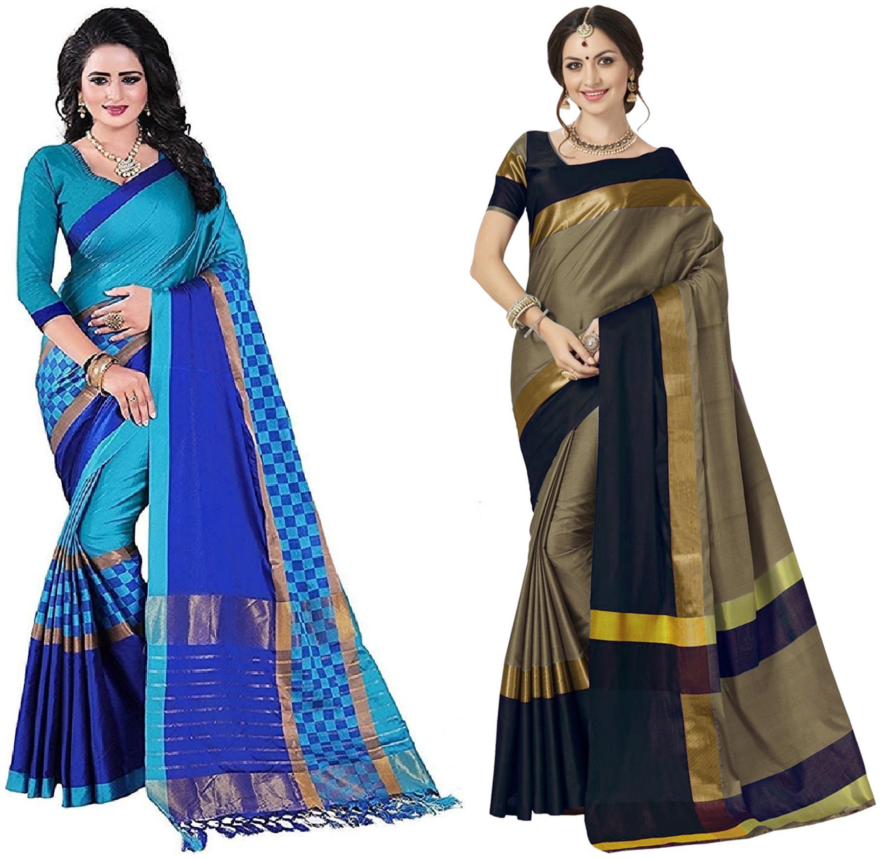 

Indian Beauty Women s Multi Color Art Cotton Blend Silk Printed Saree With Blouse Piece (Pack of 2 Multi Color Free Size)