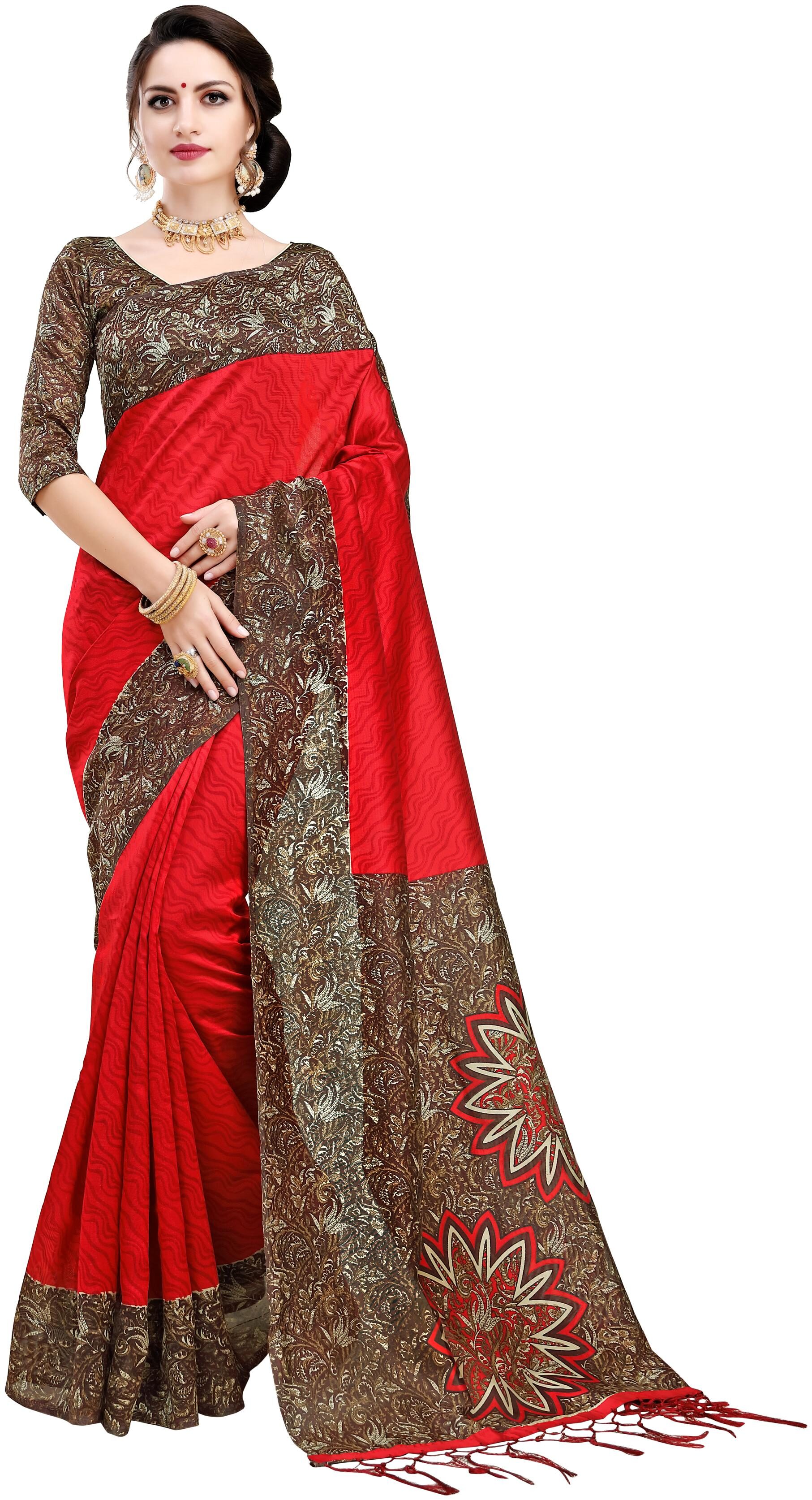 

Indian Beauty Women s Red Color Mysore Silk With Tessal Printed Saree With Blouse pcs
